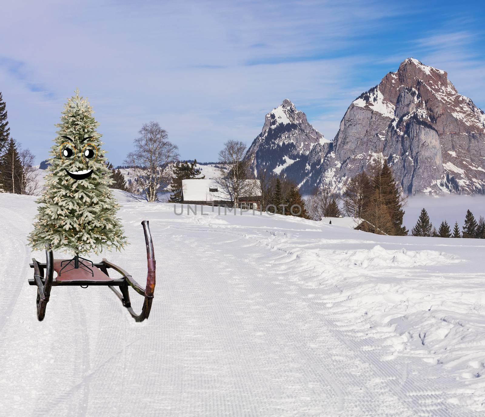 Merry christmas a happy smiling christmas pine tree sliding down hill on a sled in a winter mountain landscape by charlottebleijenberg