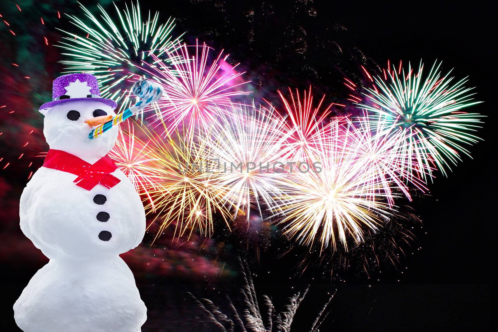 Happy new year a funny party snowman isolated on a black background with colorful fireworks