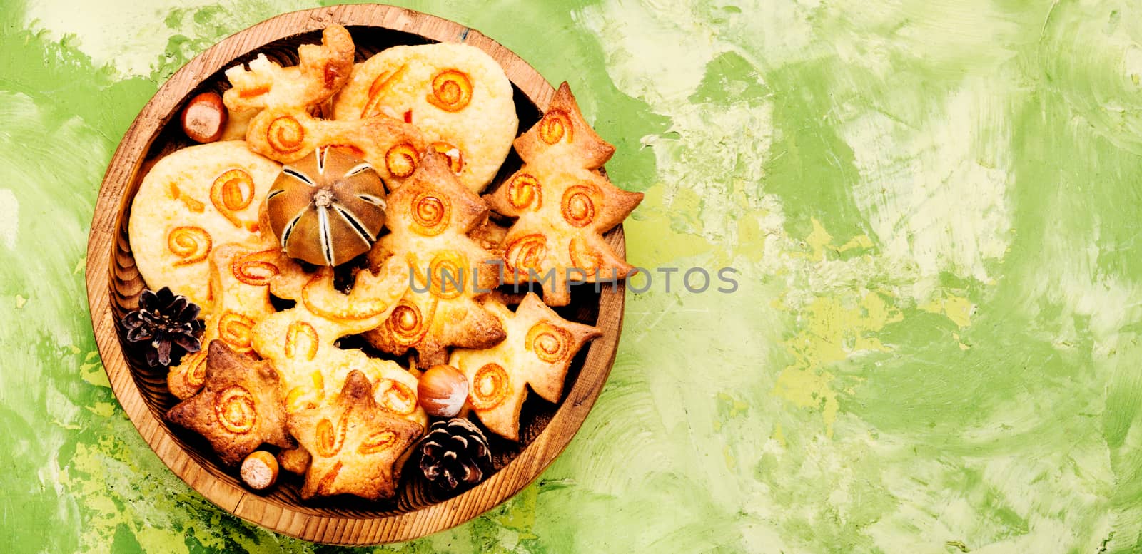Assortment of Christmas cookies decorated with candied orange.Pastry