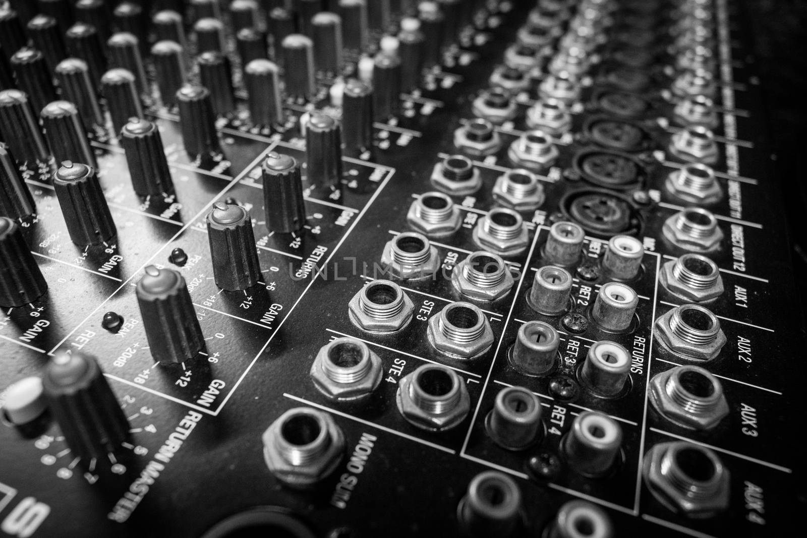 Closeup Professional Audio Mixing Console Inputs and Outputs by ernest_davies