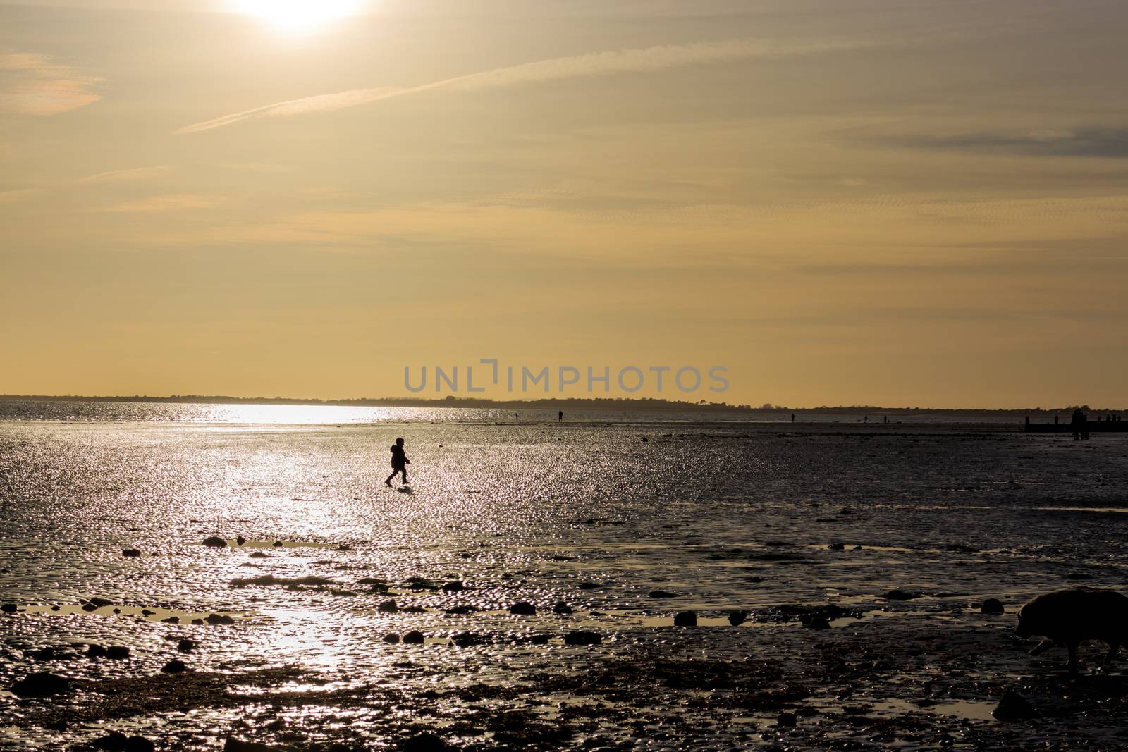 Silhouette of a small child playing on british sunset beach