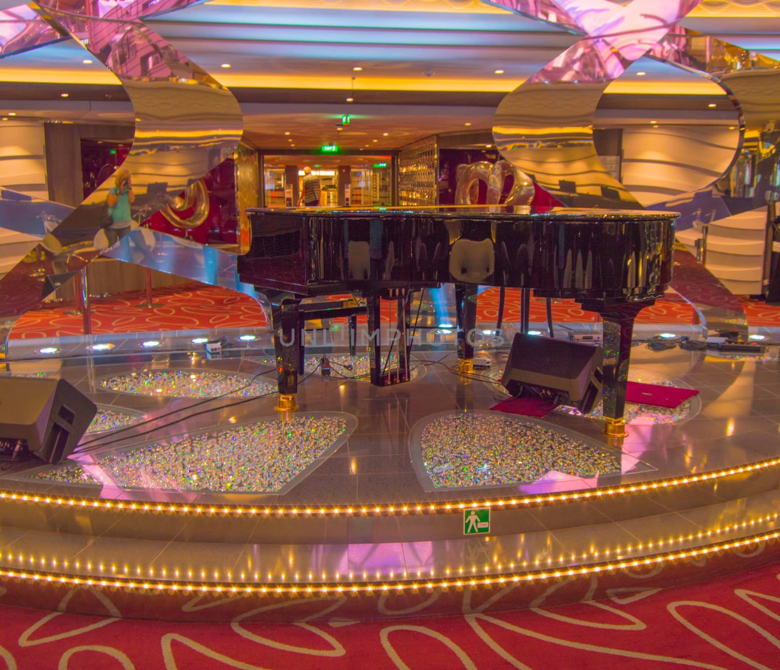 Luxury sparkling interior with Grand piano and floor with rhinestones on cruise liner MSC Meraviglia, 8 October 2018.