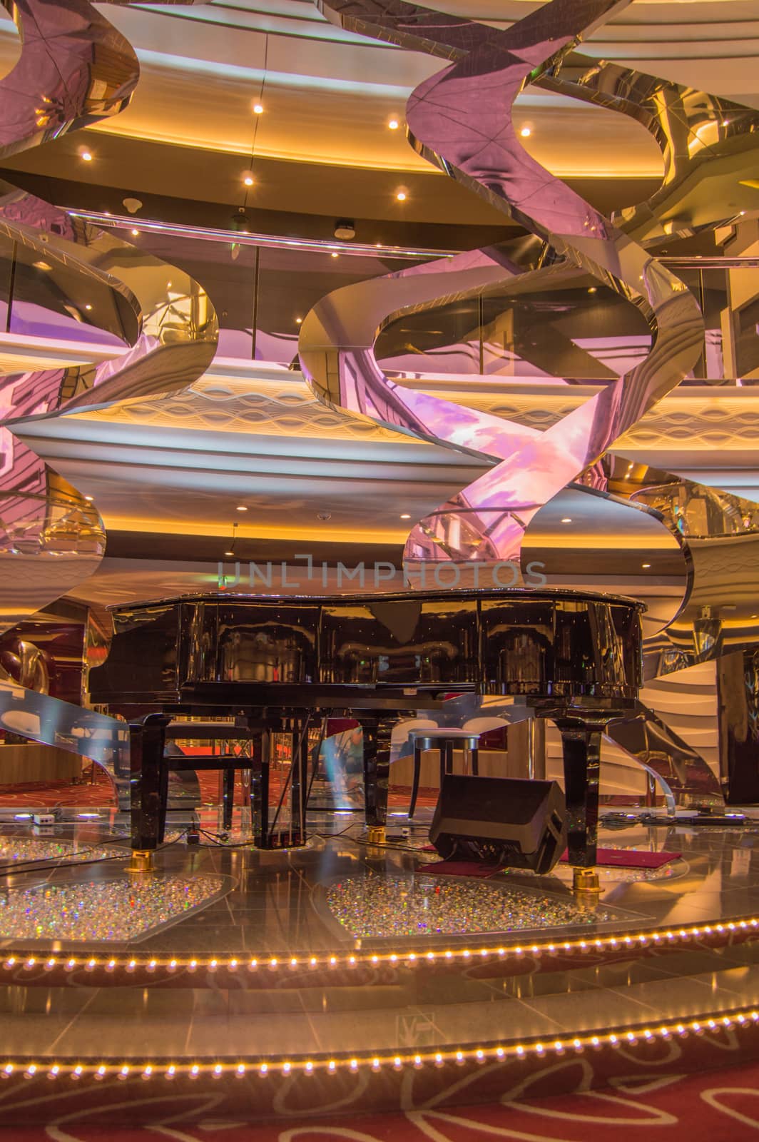Luxury sparkling interior with Grand piano and floor with rhinestones on cruise liner MSC Meraviglia, 8 October 2018 by claire_lucia