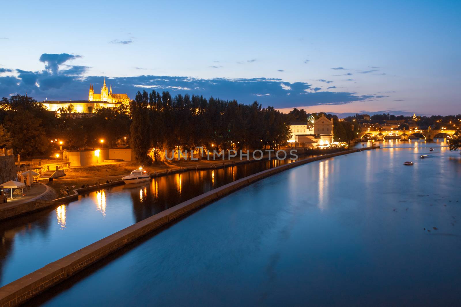 Hradcany evening panorama with Prague Castle, Charles Bridge and Vltava River, Prague, Czech Republic by pyty