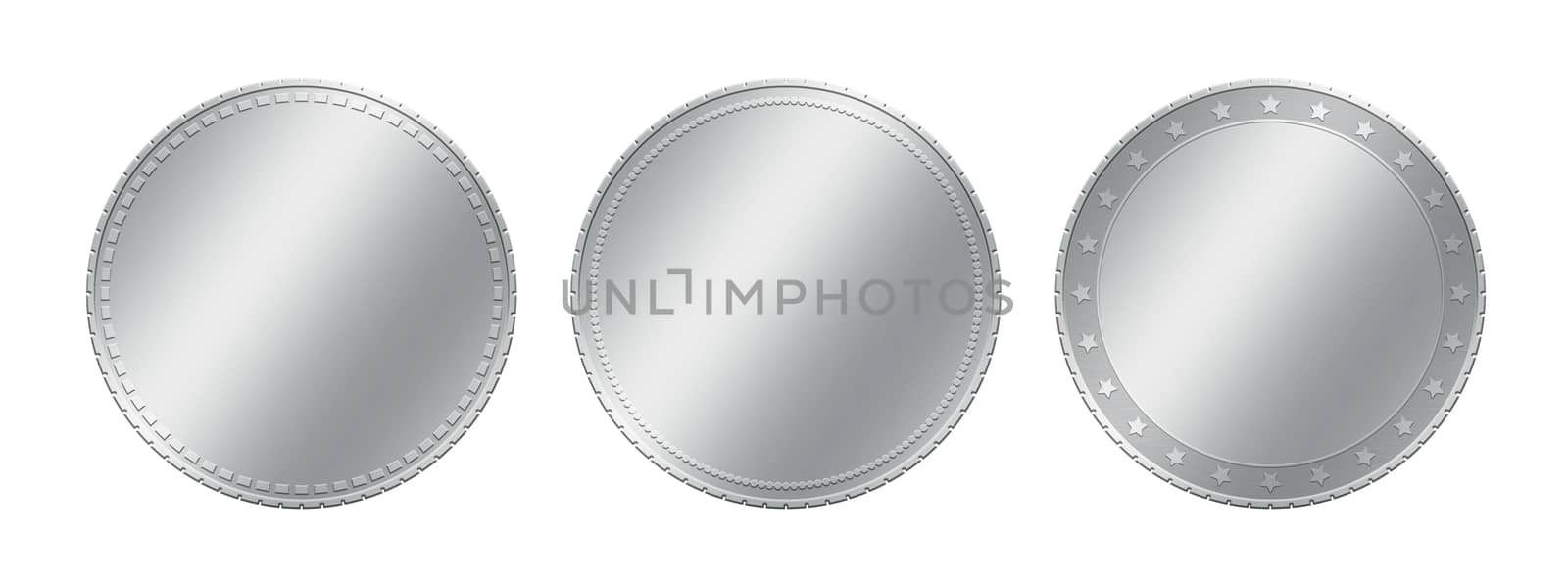 Close up three different silver grey metal blank coins template or award achievement badges isolated on white background
