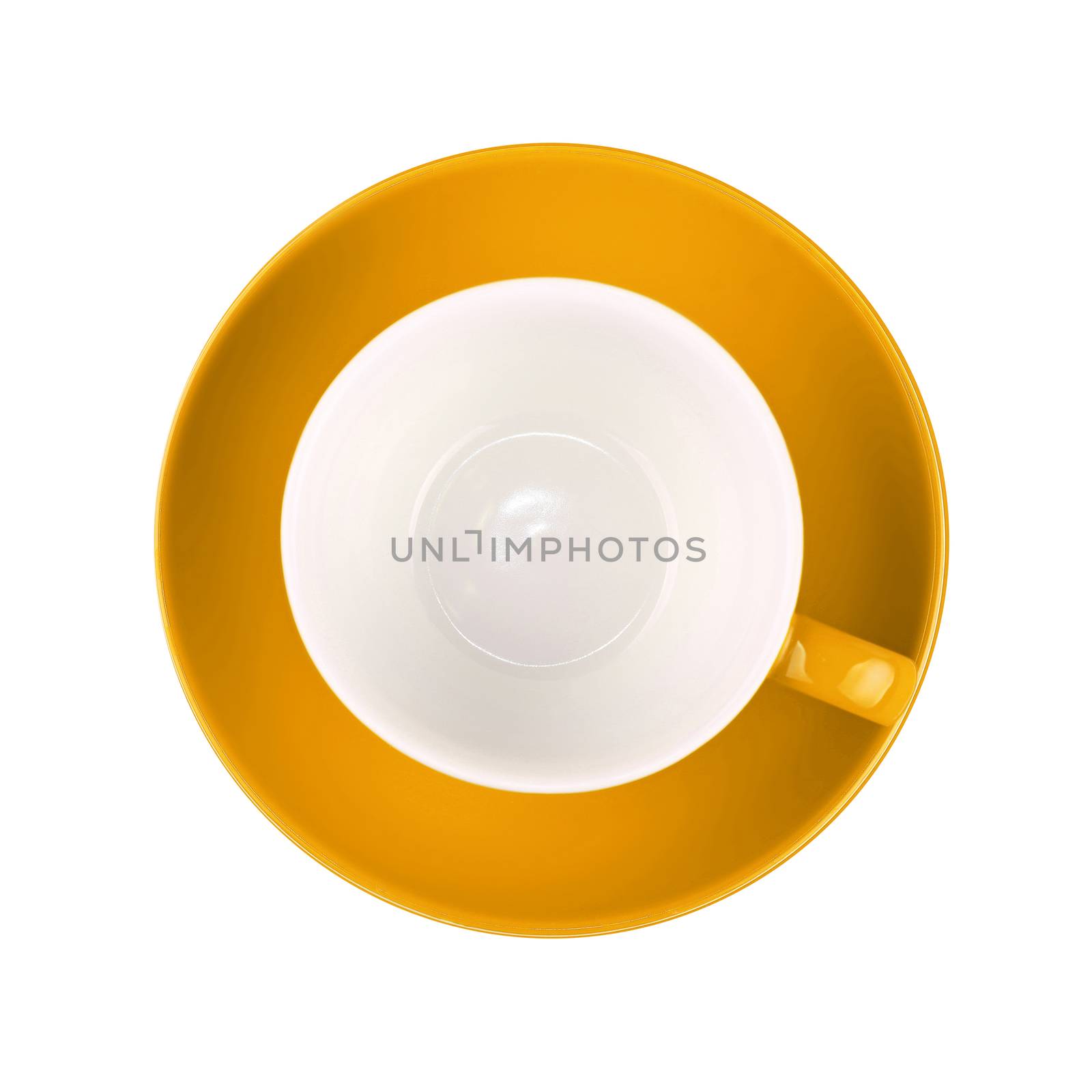 One yellow empty coffee or tea cup with saucer isolated on white background, elevated top view, directly above