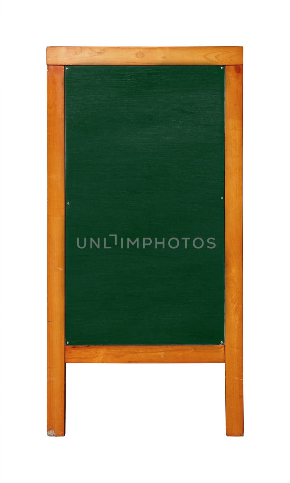 Close up green standing blank clean chalkboard menu in brown wooden frame isolated on white background