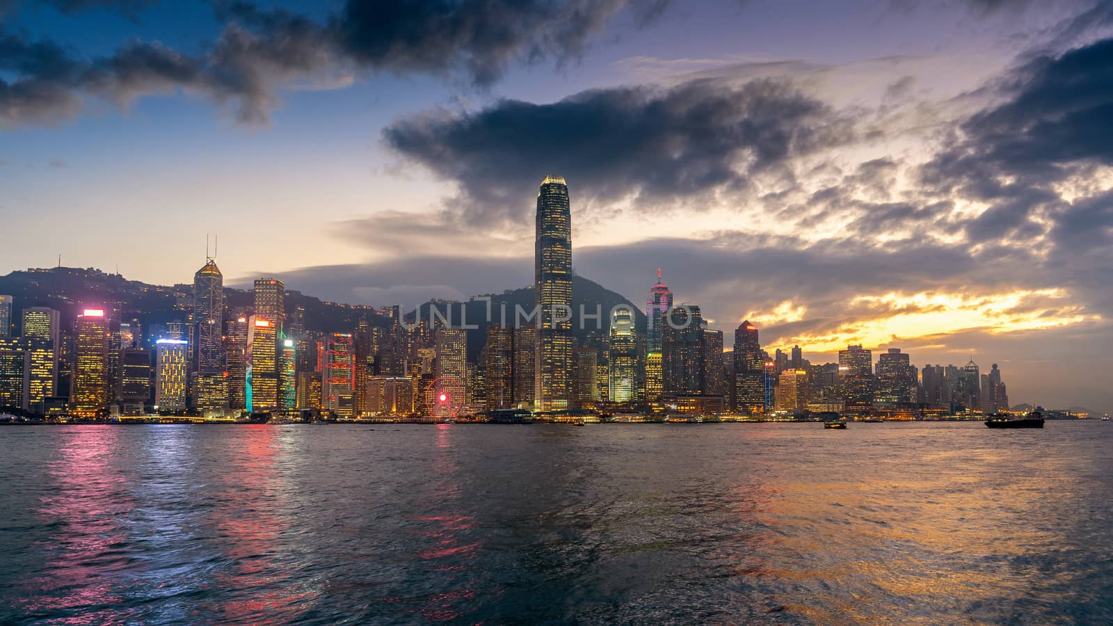 Hong Kong cityscape at twilight.
