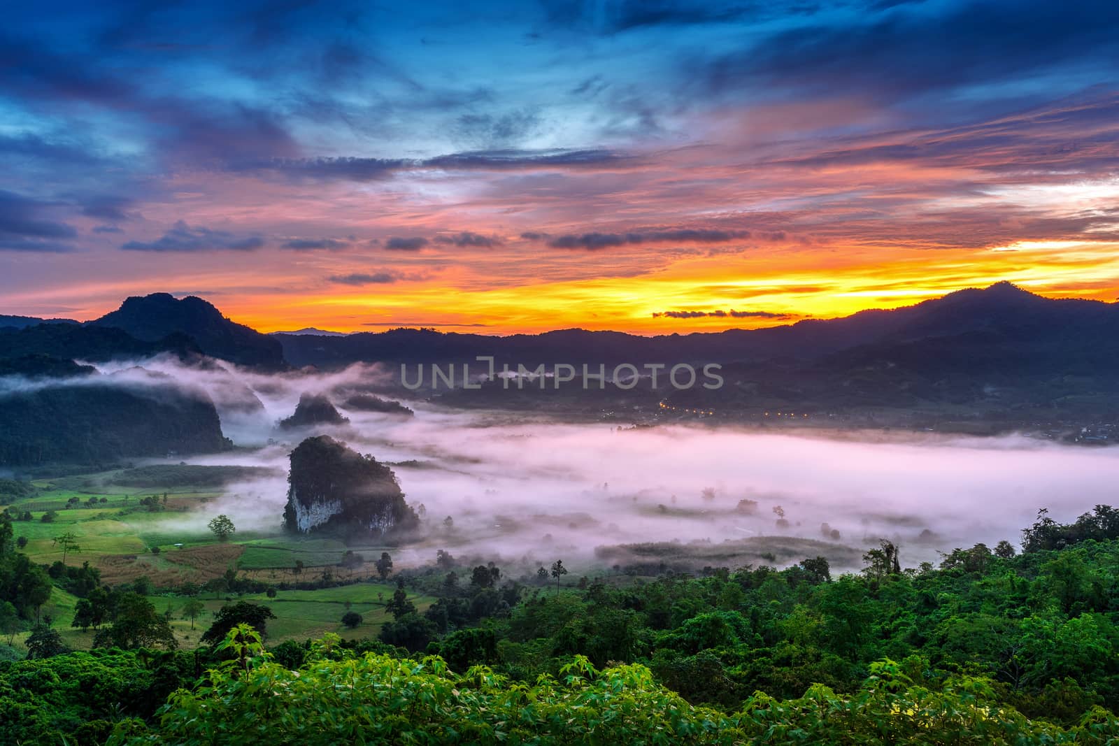 Sunrise on the morning mist at Phu Lang Ka, Phayao in Thailand.