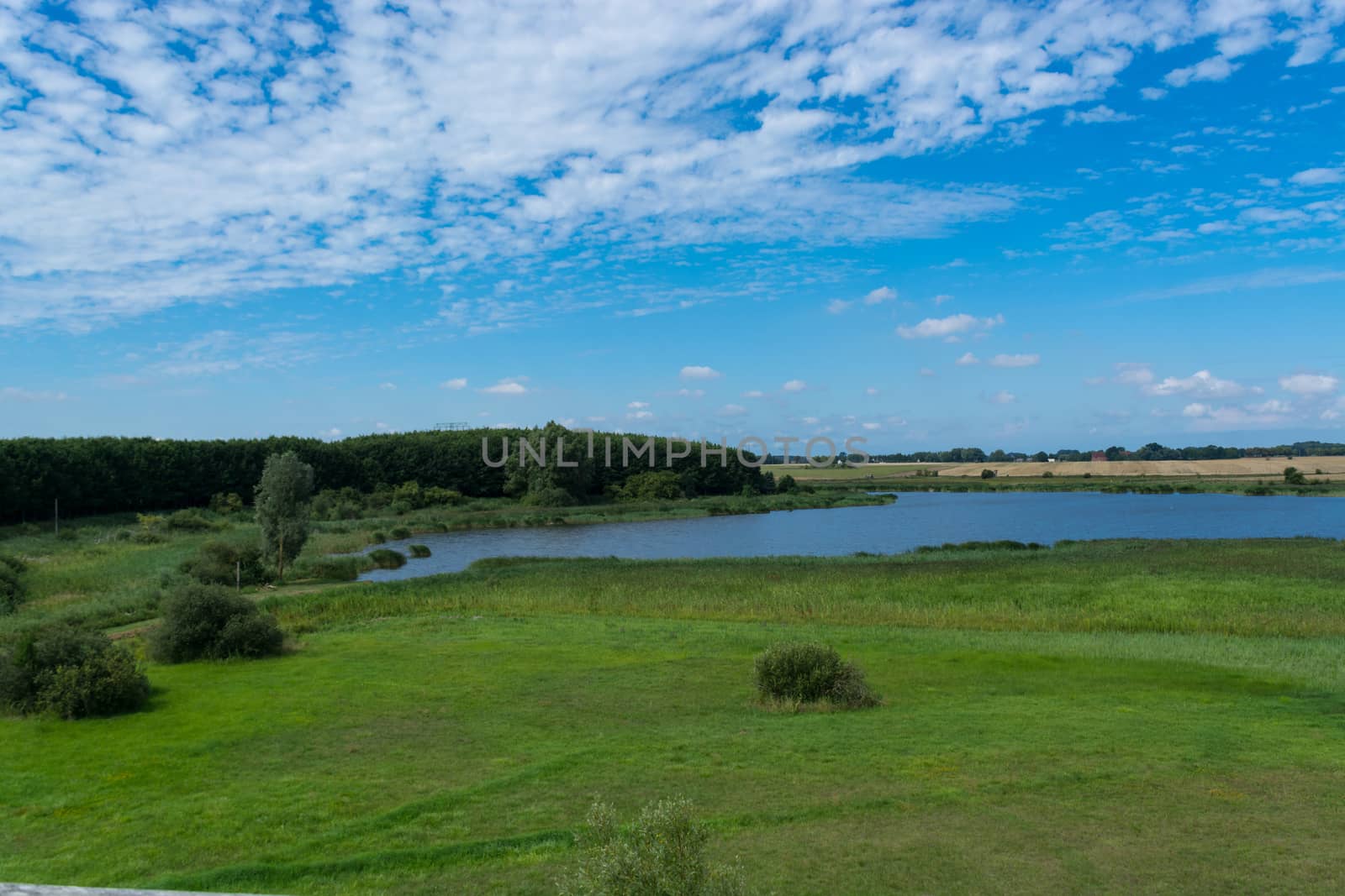 Panoramic view of the swimming, fishing and nature area Eixen lake. Shot from the lookout tower