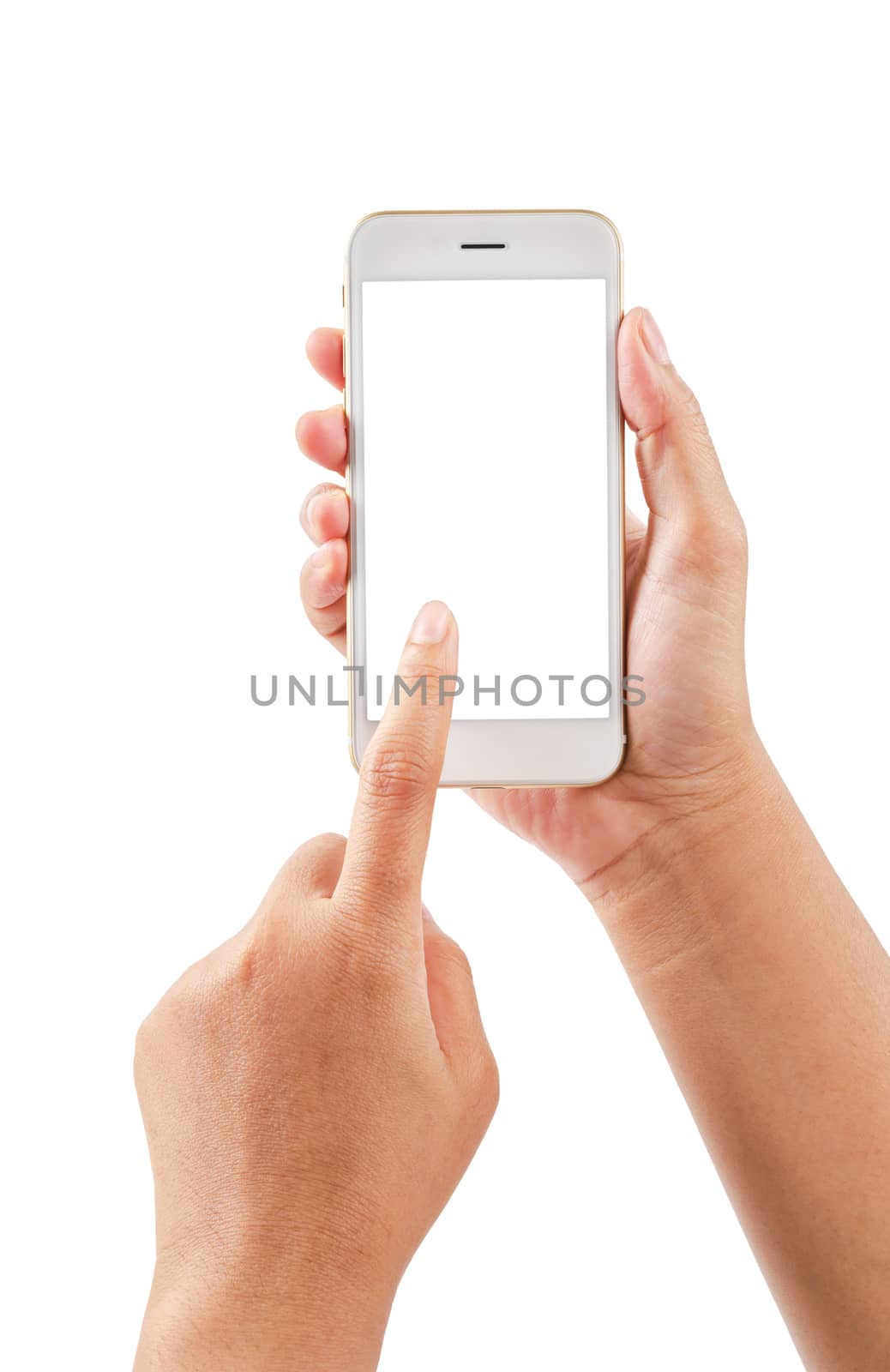 closeup hand using phone isolated on white background, save clipping patch inside.