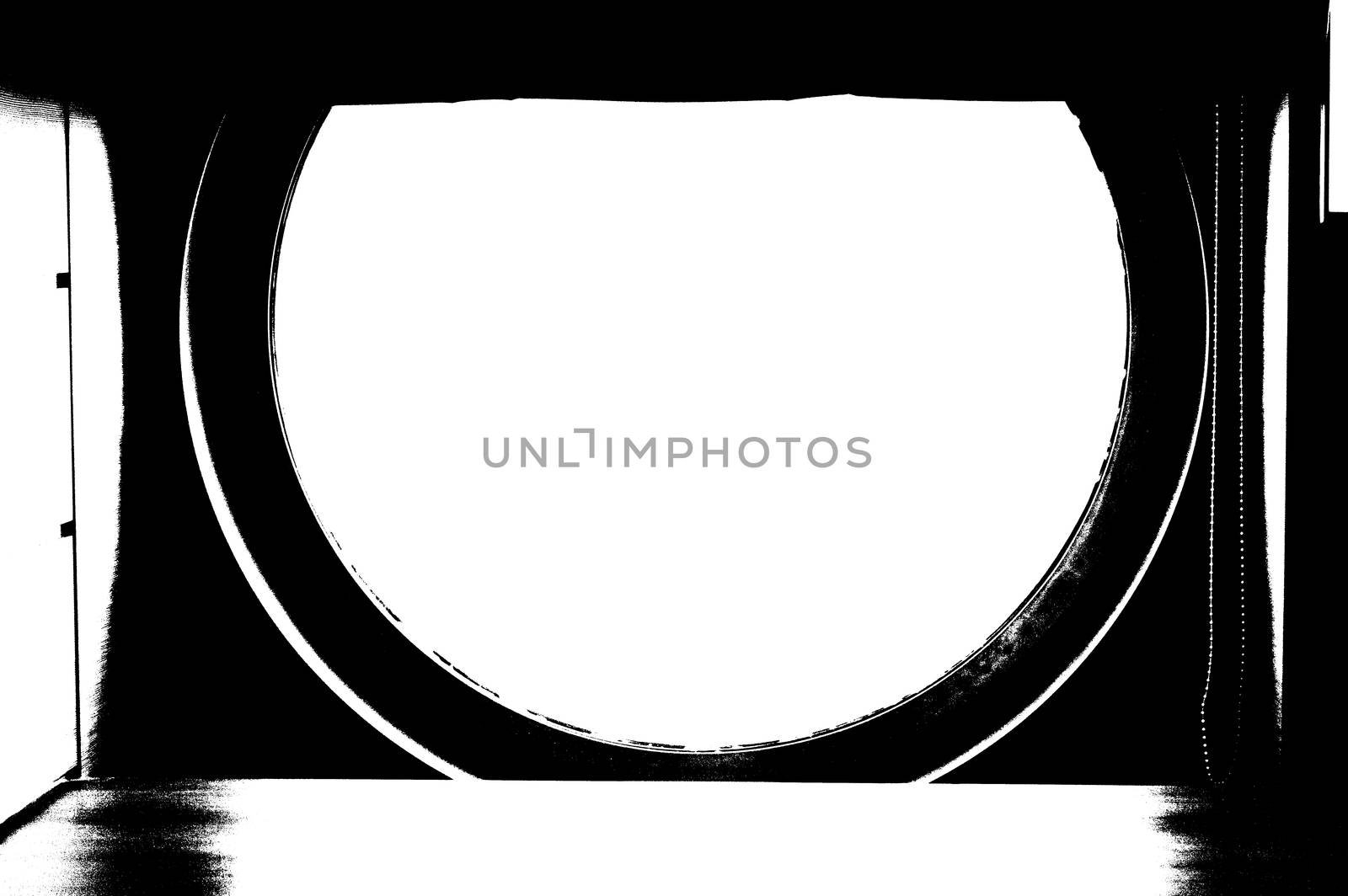 The porthole of the ship with the post processing in black and white.