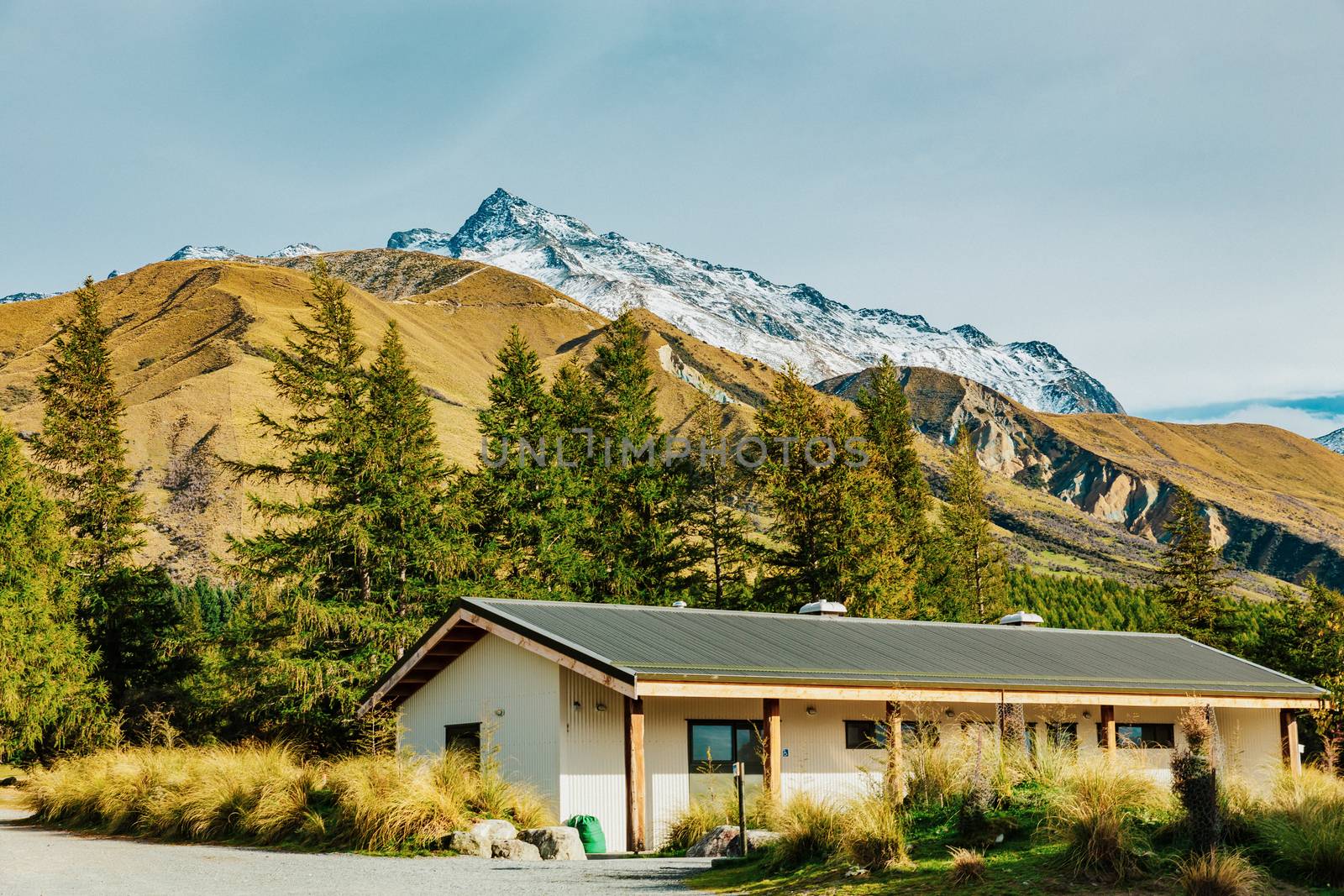 Alpine hut on Hooker Valley Track in Mount Cook National Park, New Zealand