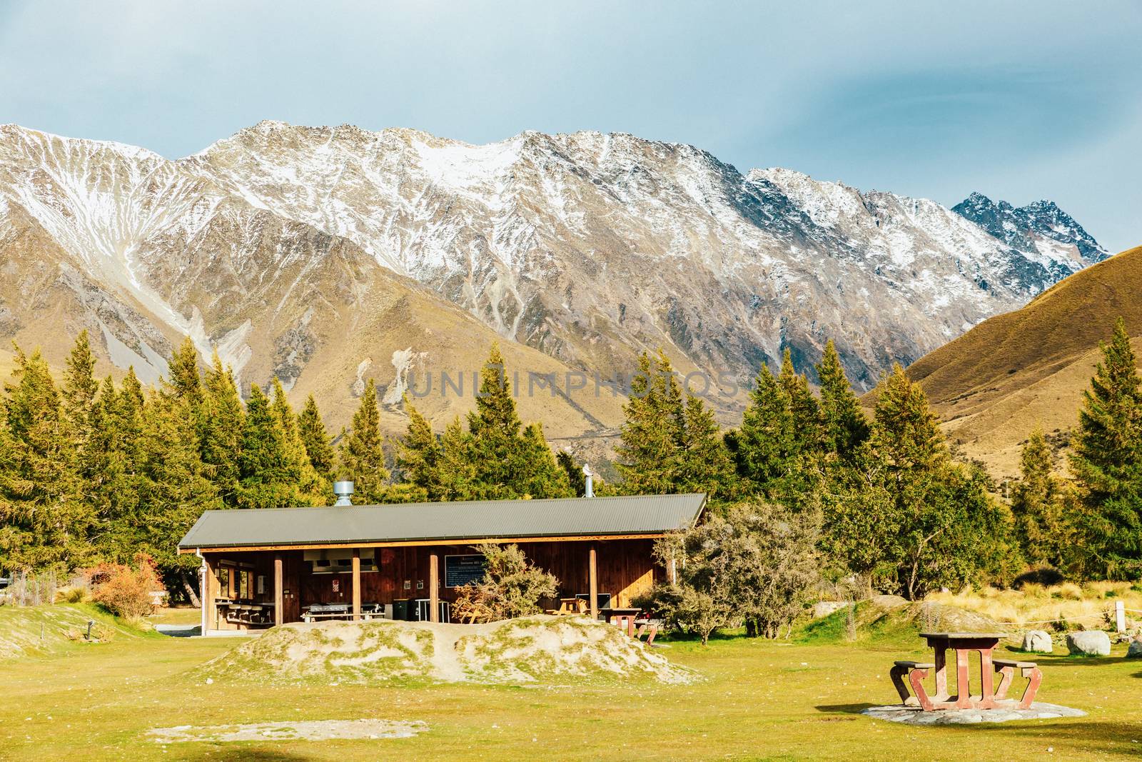 Alpine hut on Hooker Valley Track in Mount Cook National Park, New Zealand