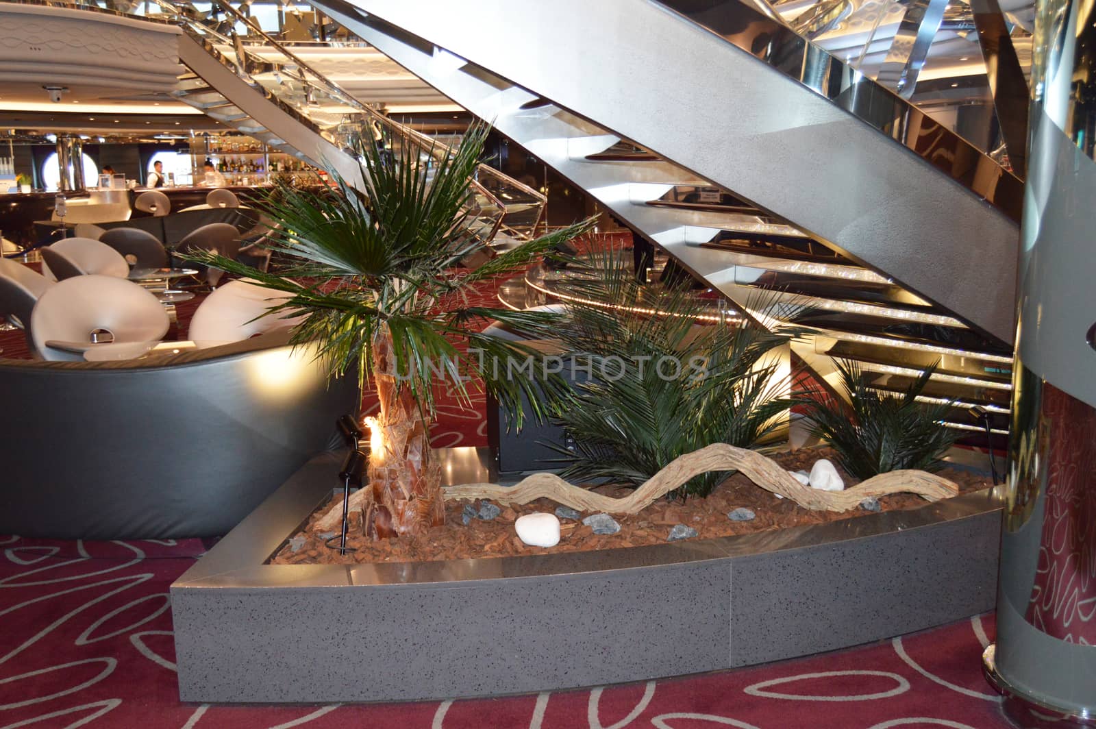 Cruise ship furniture, comfortable modern chairs in the reception area, MSC Meraviglia, 8 October 2018.