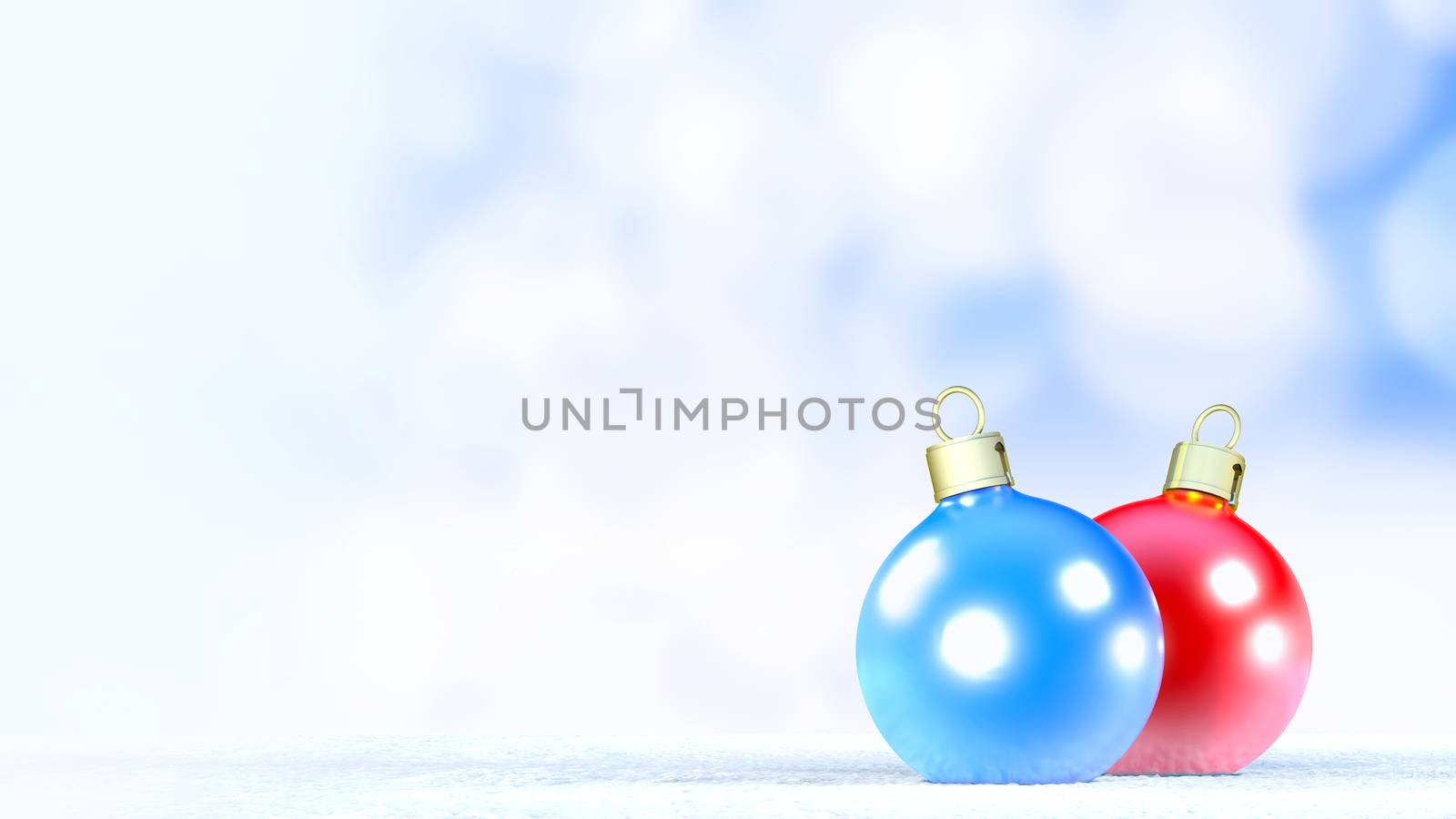 Christmas ornament balls on a fresh snow. Copy space. 3D Rendering