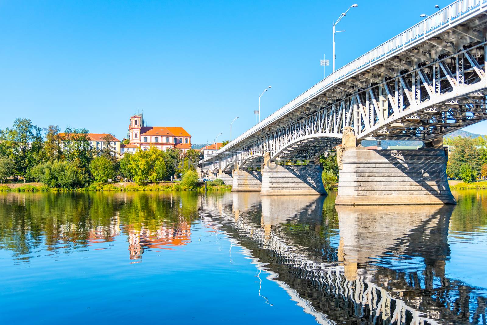 Tyrs Bridge over Labe River in Litomerice on sunny summer day, Czech Republic by pyty