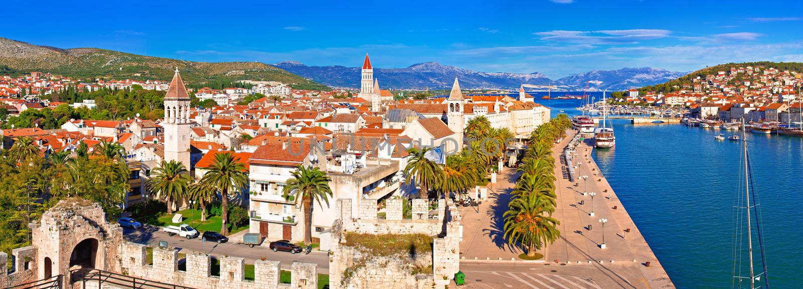 Town of Trogir waterfront and landmarks panoramic view, UNESCO world heritage site in Dalmatia region of Croatia