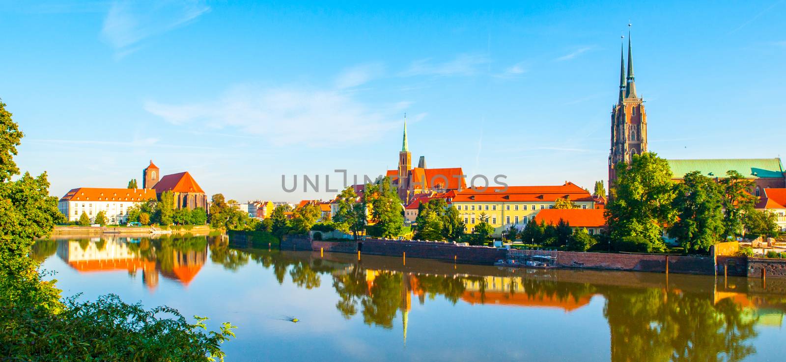 Panorama of Cathedral Island and its reflection in the river, Wroclaw, Poland by pyty