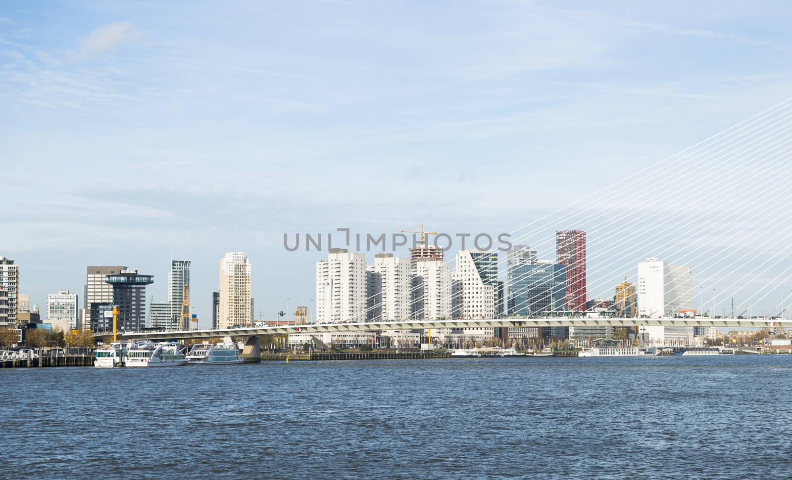 Rotterdam,Holland,14-nov-2018,skyline form Rotterdam with the meuse river and the erasmus bridge with the houses at the background,the river maas is the important river crossing rotterdam for export and tourism