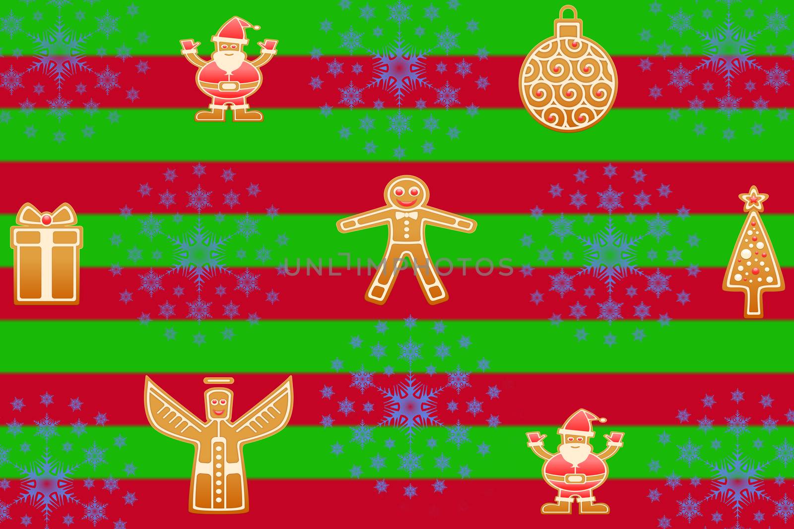 Christmas red and green striped background with gingerbread cookies in different shapes and snowflake stars great for santa claus present wrapping paper or background