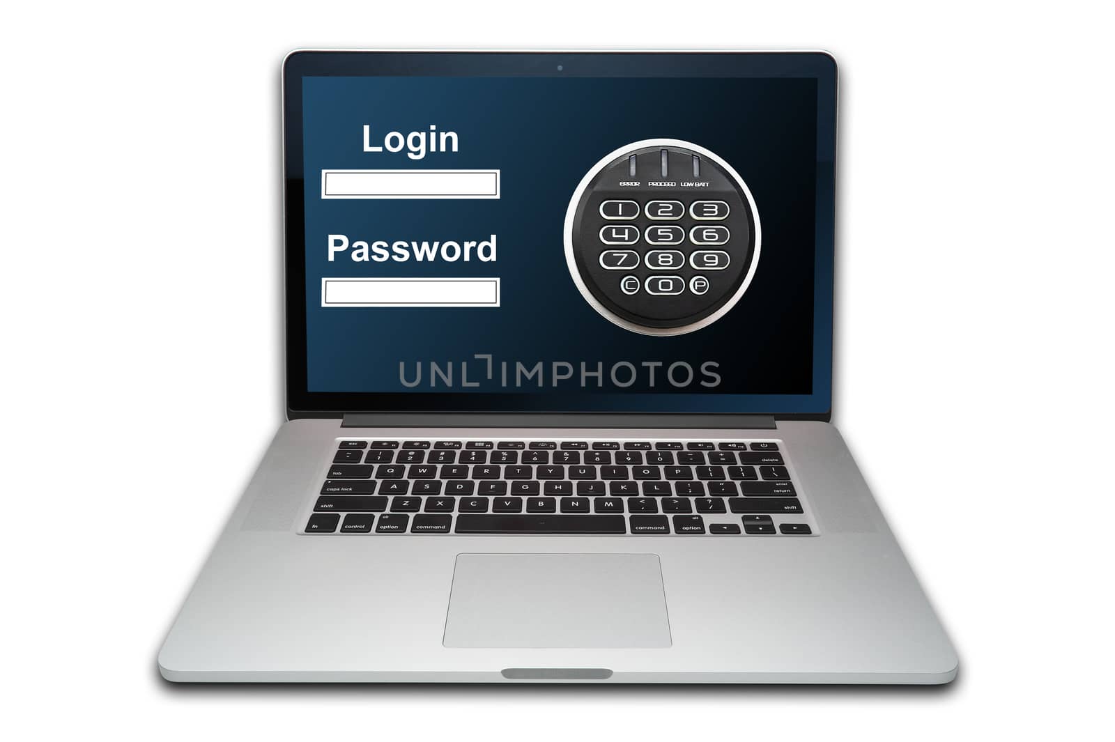 Cloud computing internet security concept laptop with combination lock isolated on white background