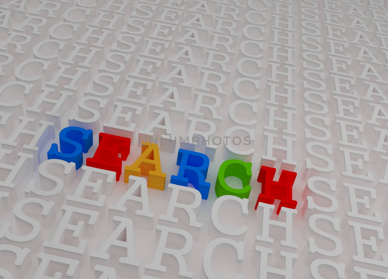 Colorful 3d search word inside white embossed 3d text