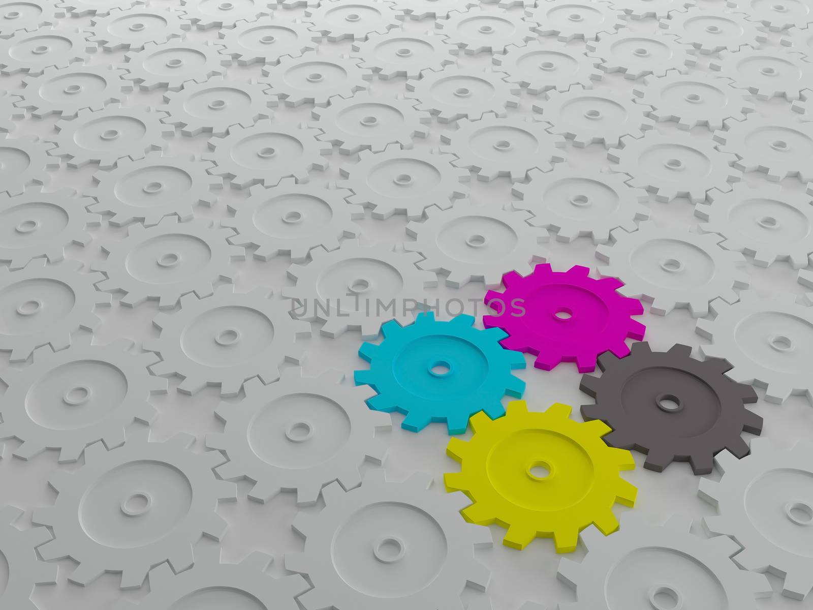 3D White Gears Pattern with CMYK Gears Inside on Floor