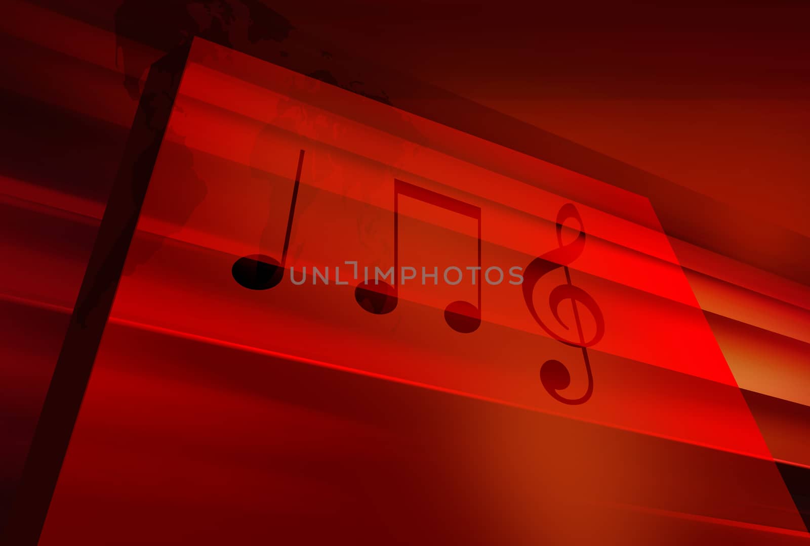 Abstract background with musical notes on red 3d box, graphical red theme background. 