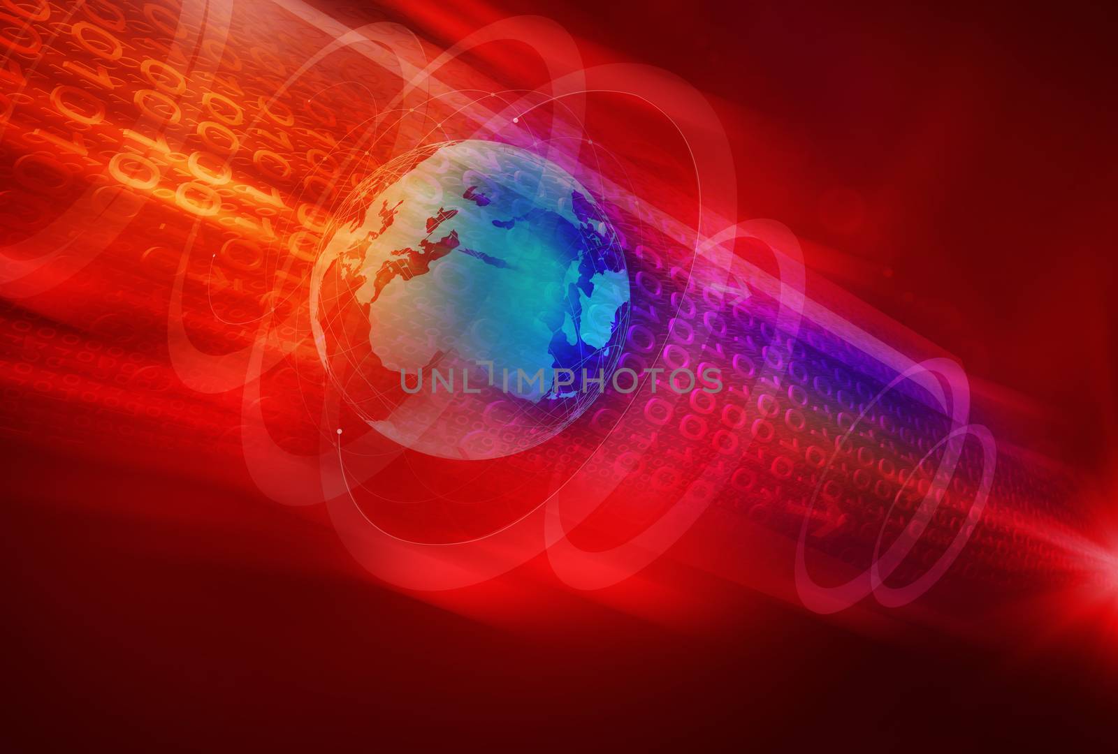 Abstract Digital World Background, Earth Globe Covered by Futureistic Digital Data Tubes In Deep Space Moving Fast to The Next Star