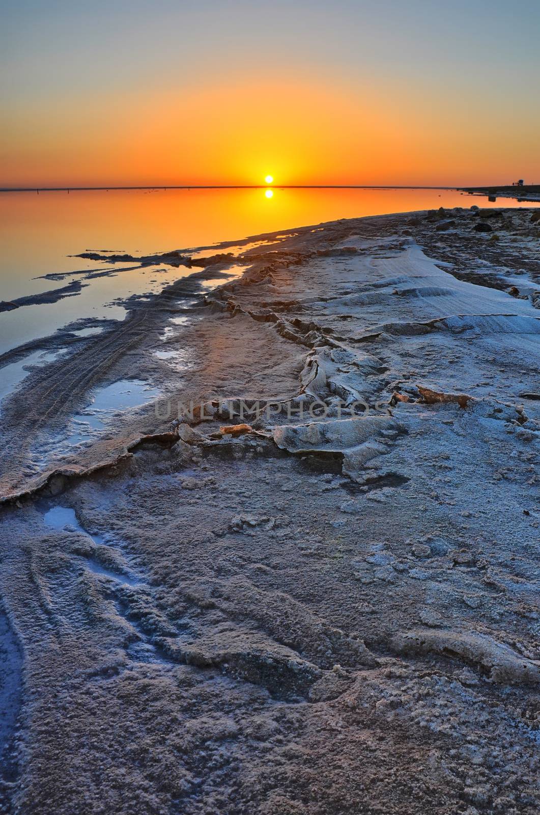 Beautiful sunrise on salt lake Chott el Djerid, Sahara desert, Tunisia, Africa, HDR
