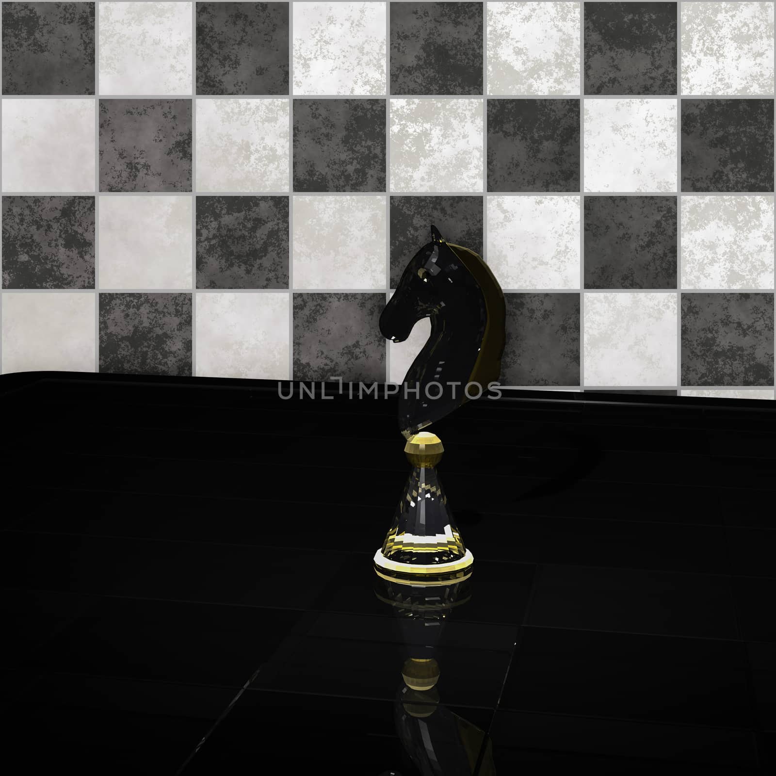 Strategic chess move concept. A knight chess figure on chess board - 3D rendering