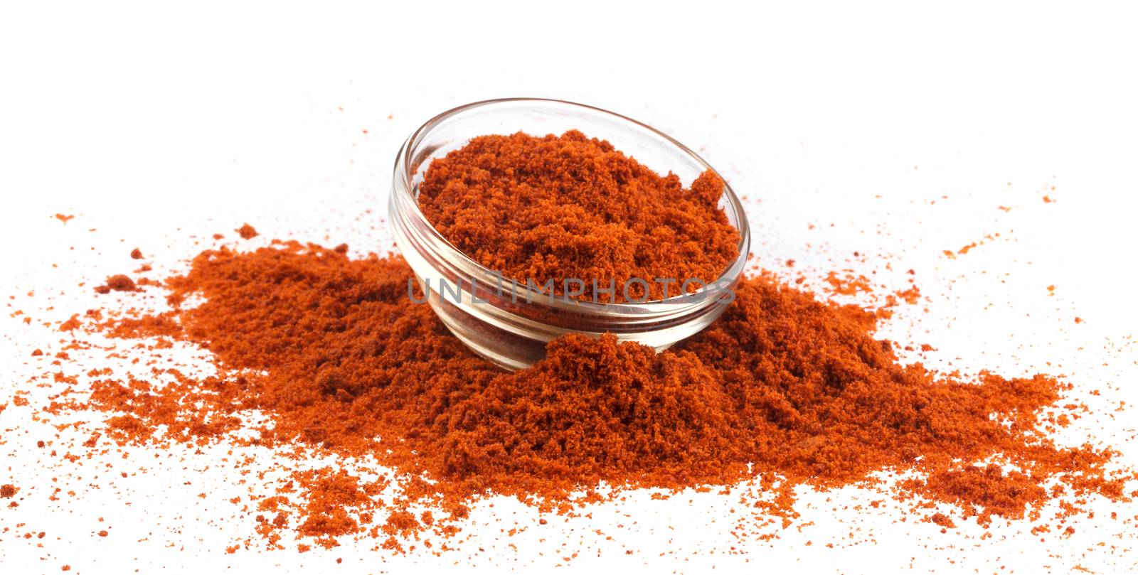 Red paprika powder isolated on white background, ground hot red pepper spice
