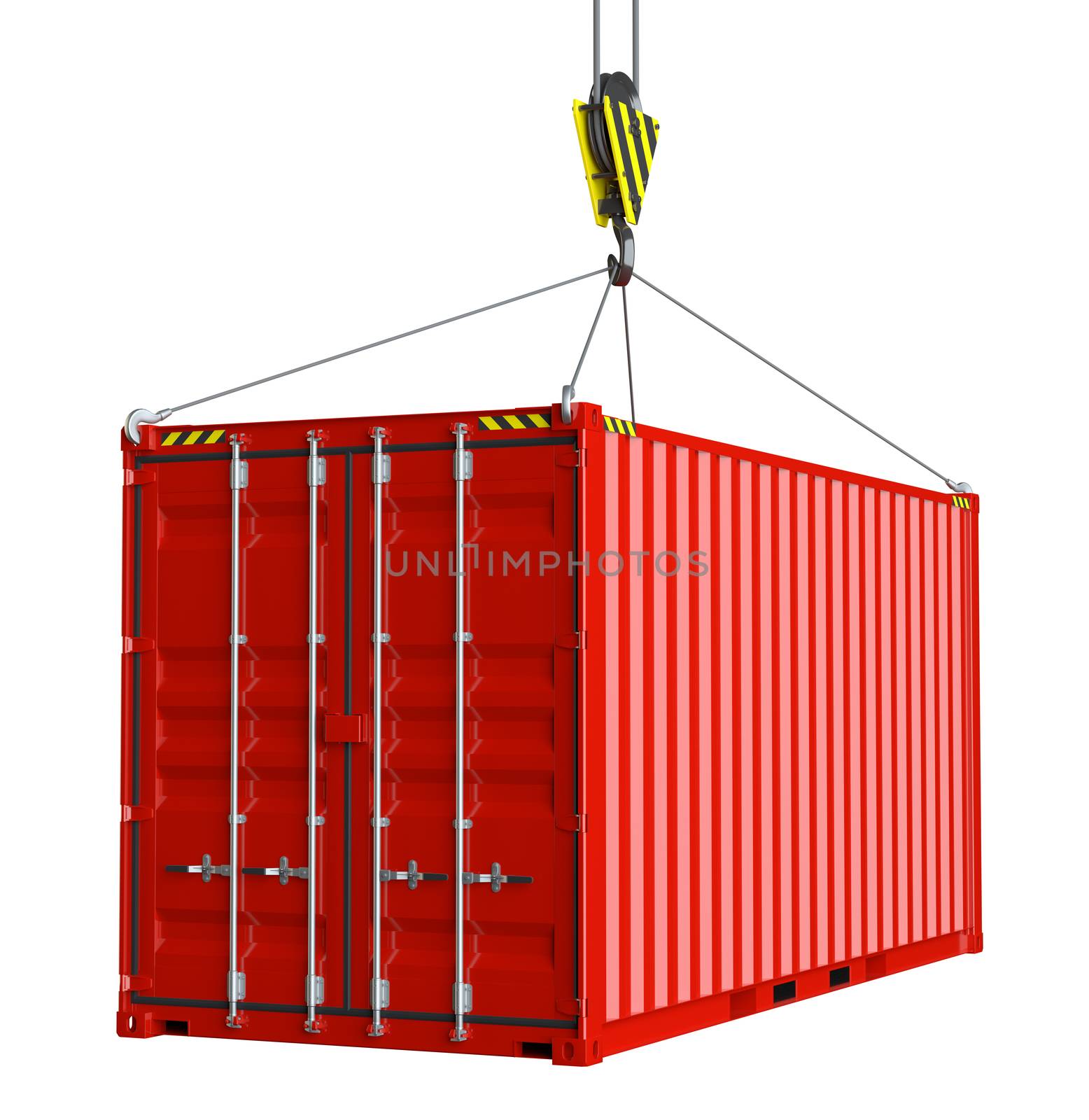 Service delivery - red cargo container hoisted by hook by cherezoff