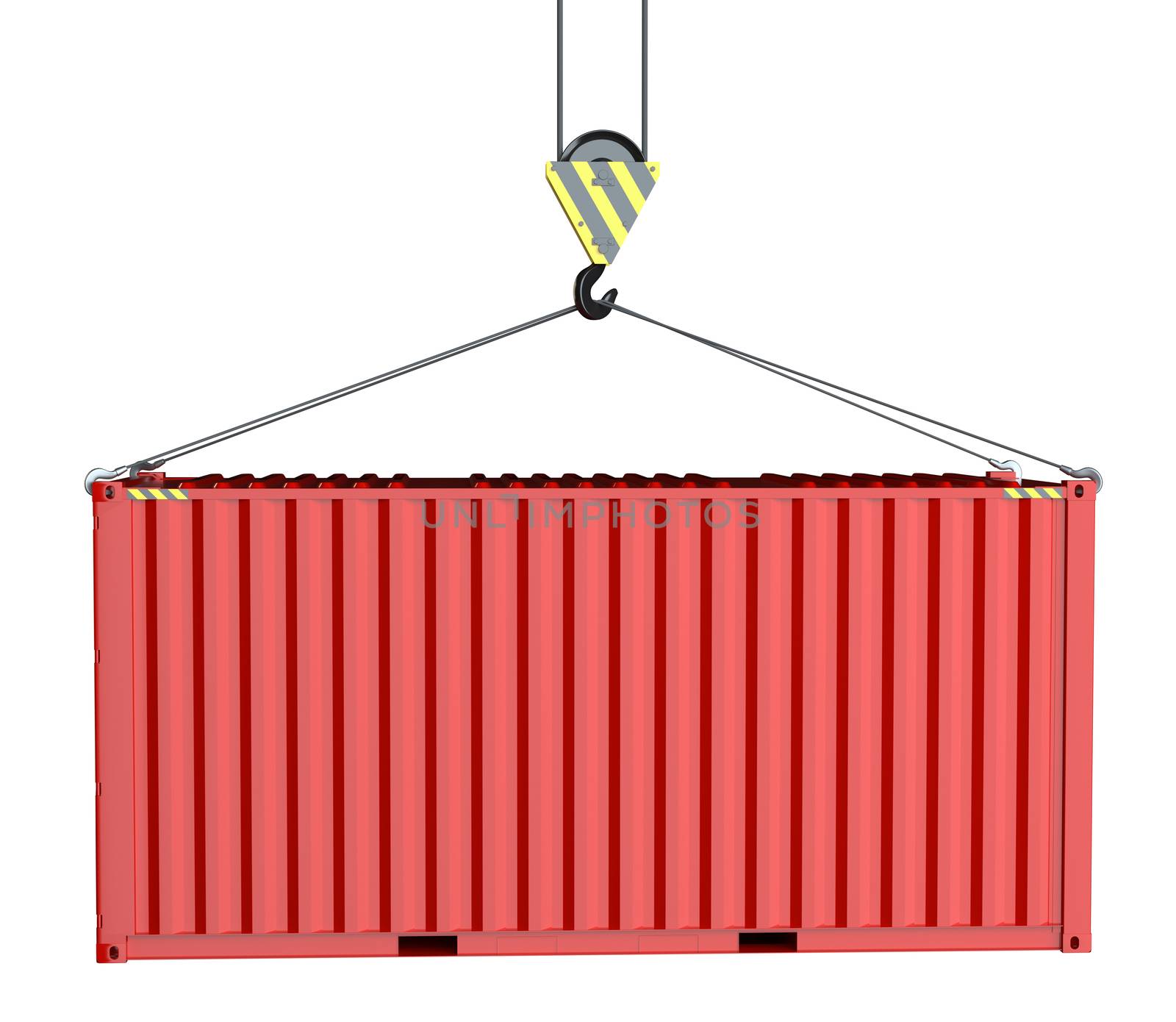 Service delivery - red cargo container hoisted by hook by cherezoff