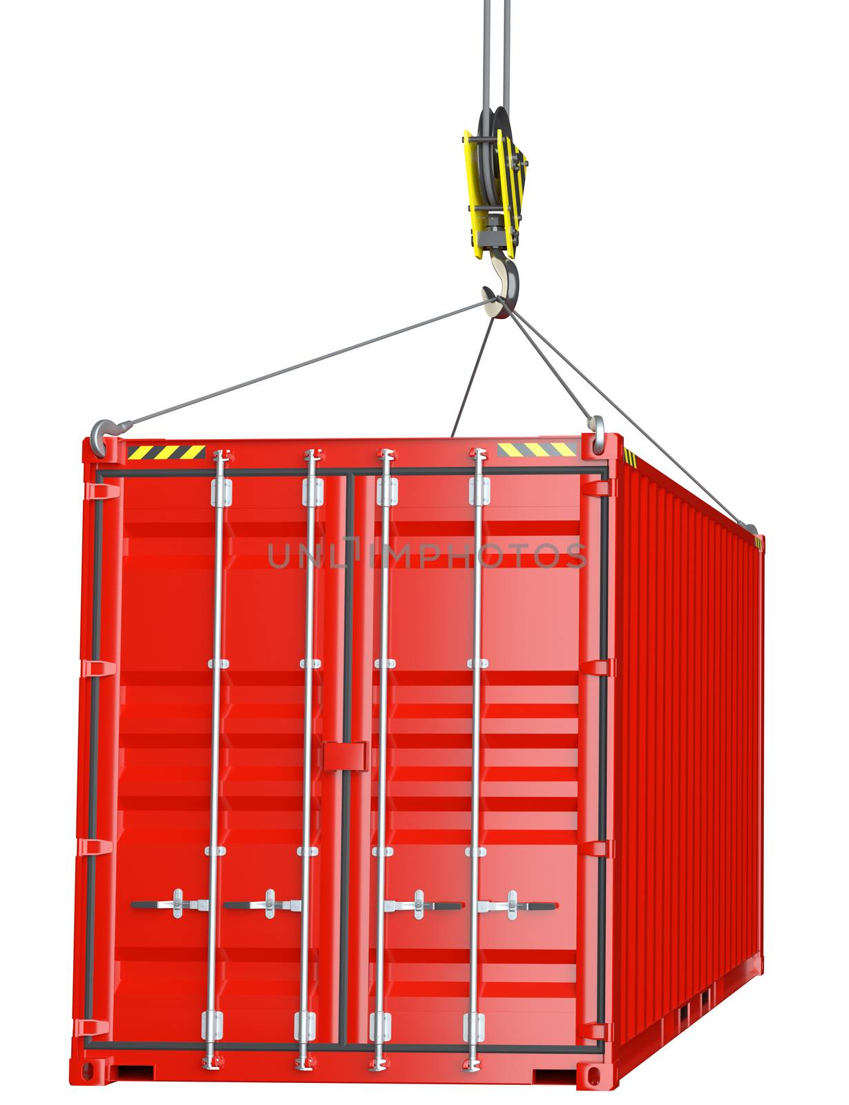 Service delivery - red cargo container hoisted by hook by cherezoff