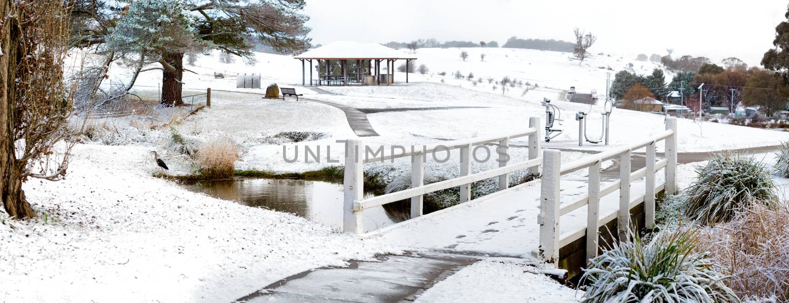 The Common - Oberon.  Everything dusted in a fresh coating of soft snow.  A waterbird stands at the edge of the lake, nearby a  white timber bridge which crosses the lake beyond which ar icy covered gym equipment further along the path leads  to a covered pergola.  Panorama