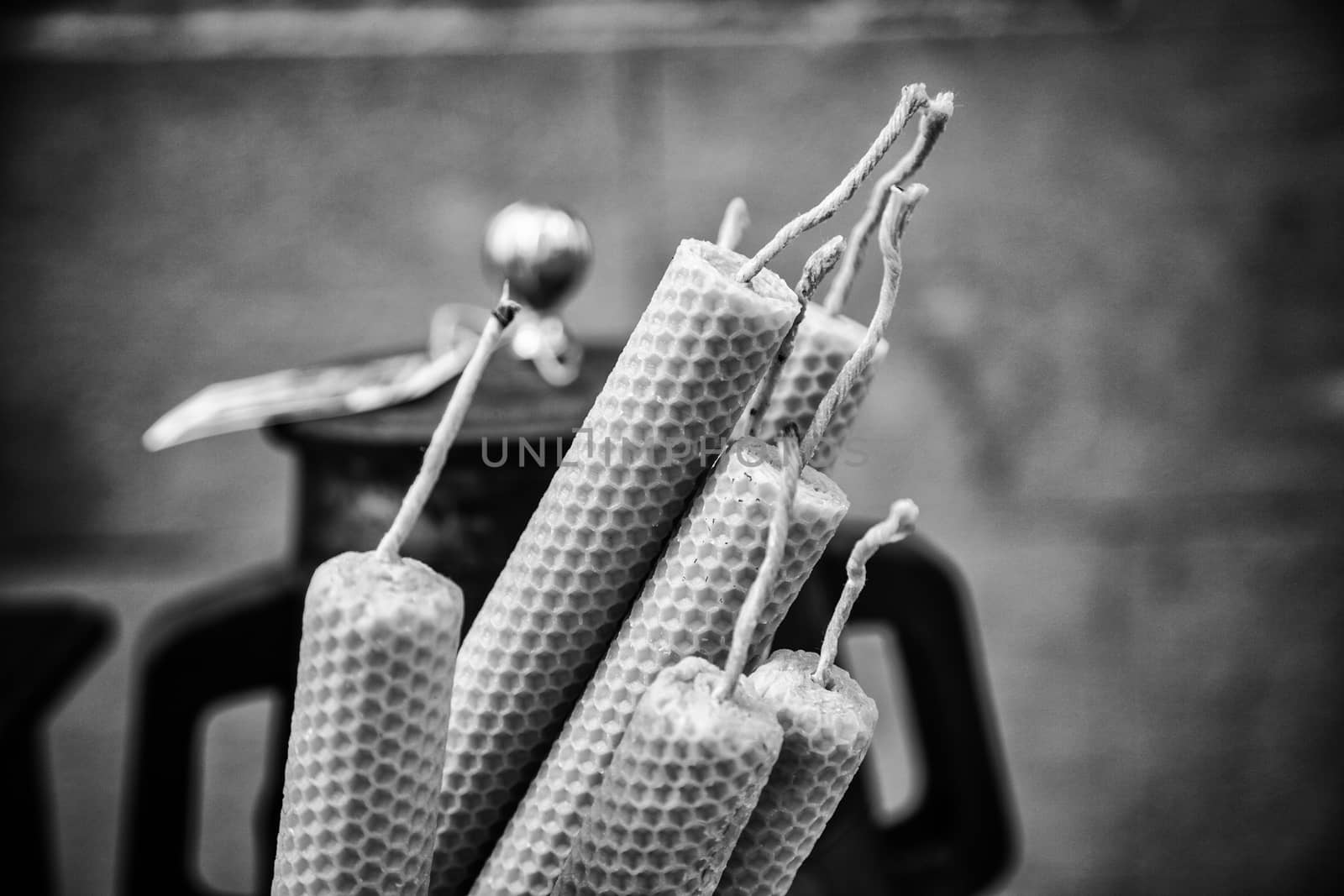 Candles made of handmade beeswax, lighting detail