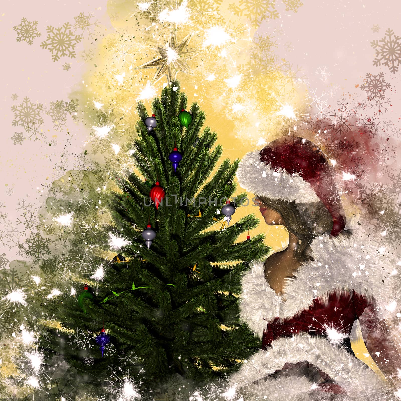 Young woman in Santa Claus clothes over Christmas background by ankarb
