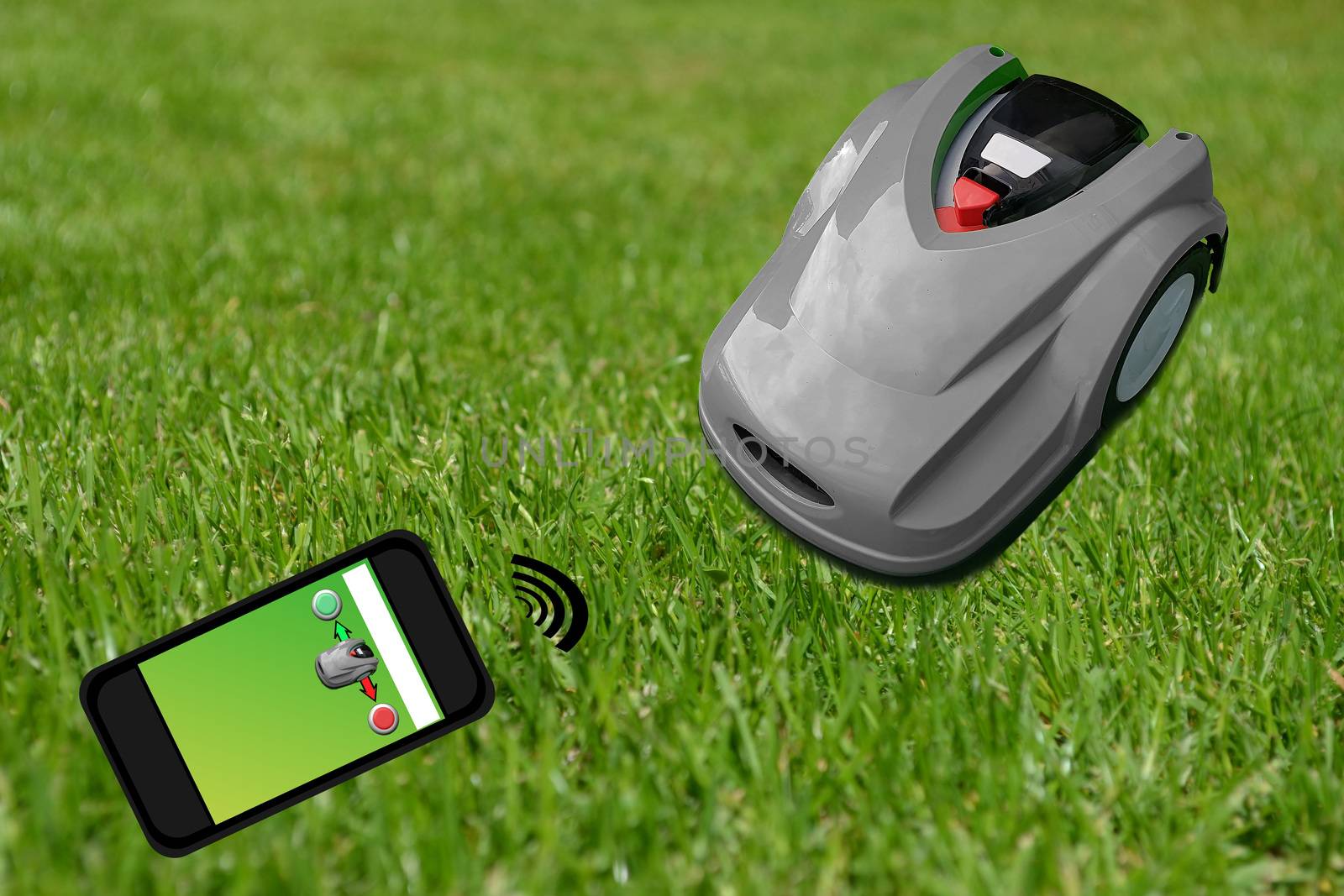 Robot lawn mower on a manicured green lawn. Control with the smartphone