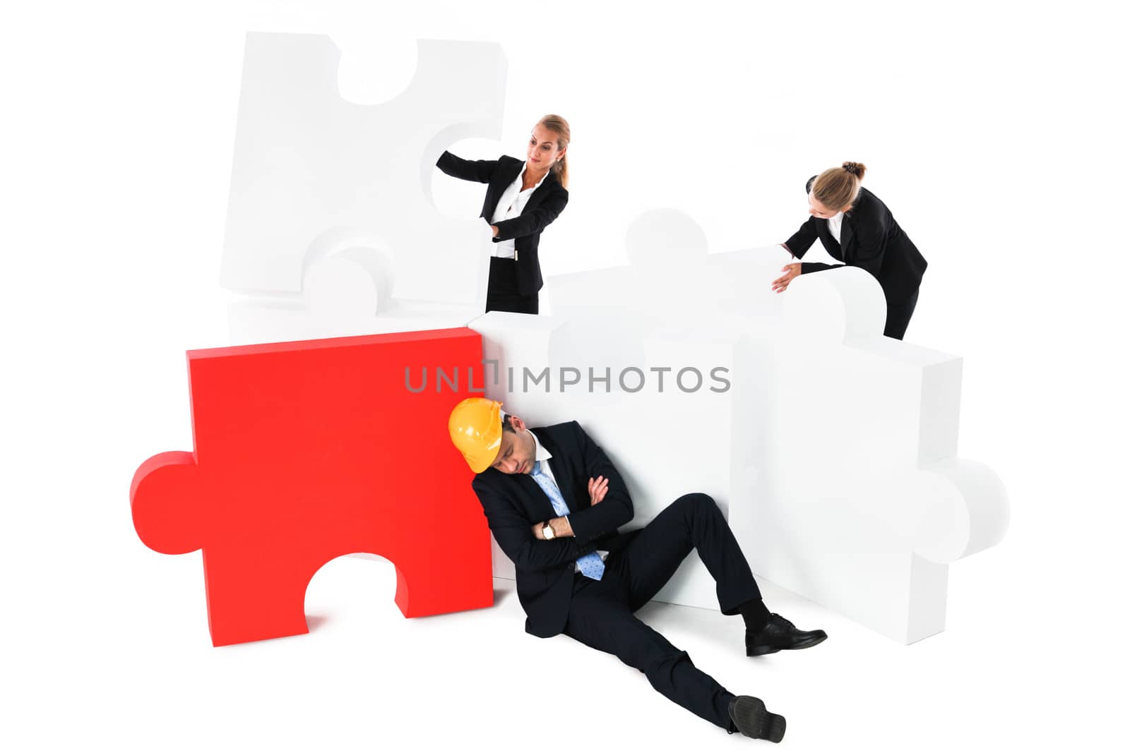 Coworkers look at tired foreman sleeping near puzzle isolated on white background
