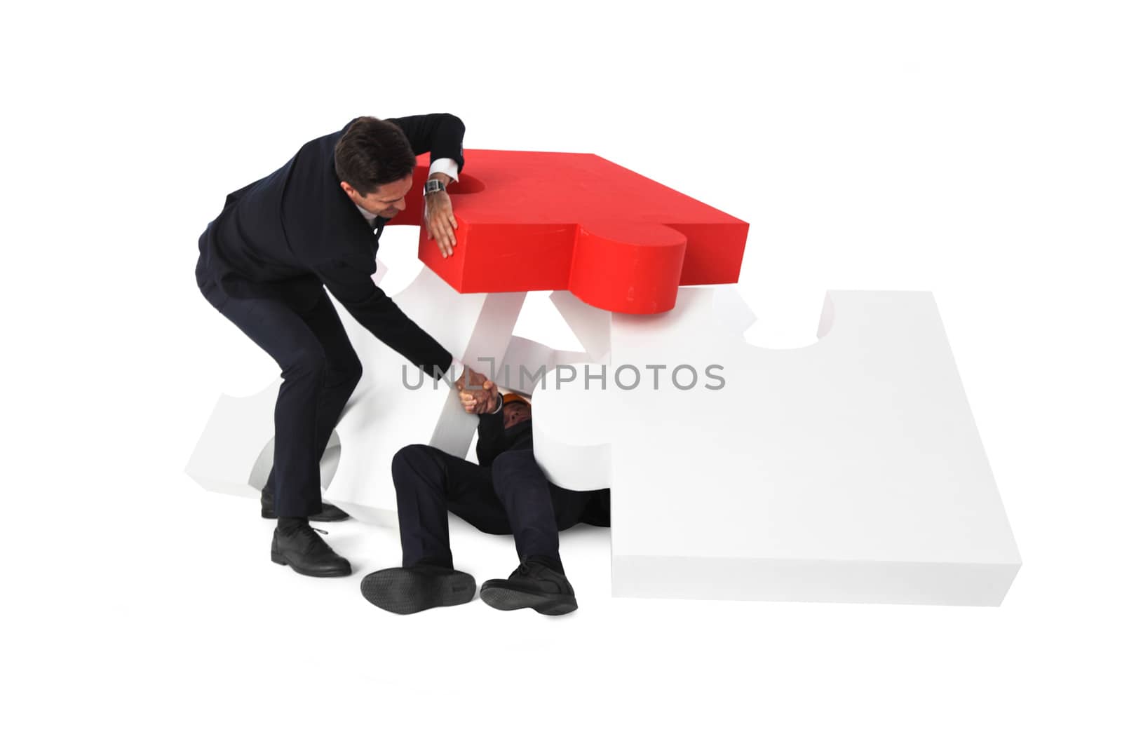 Businessman saving colleague from trouble concept