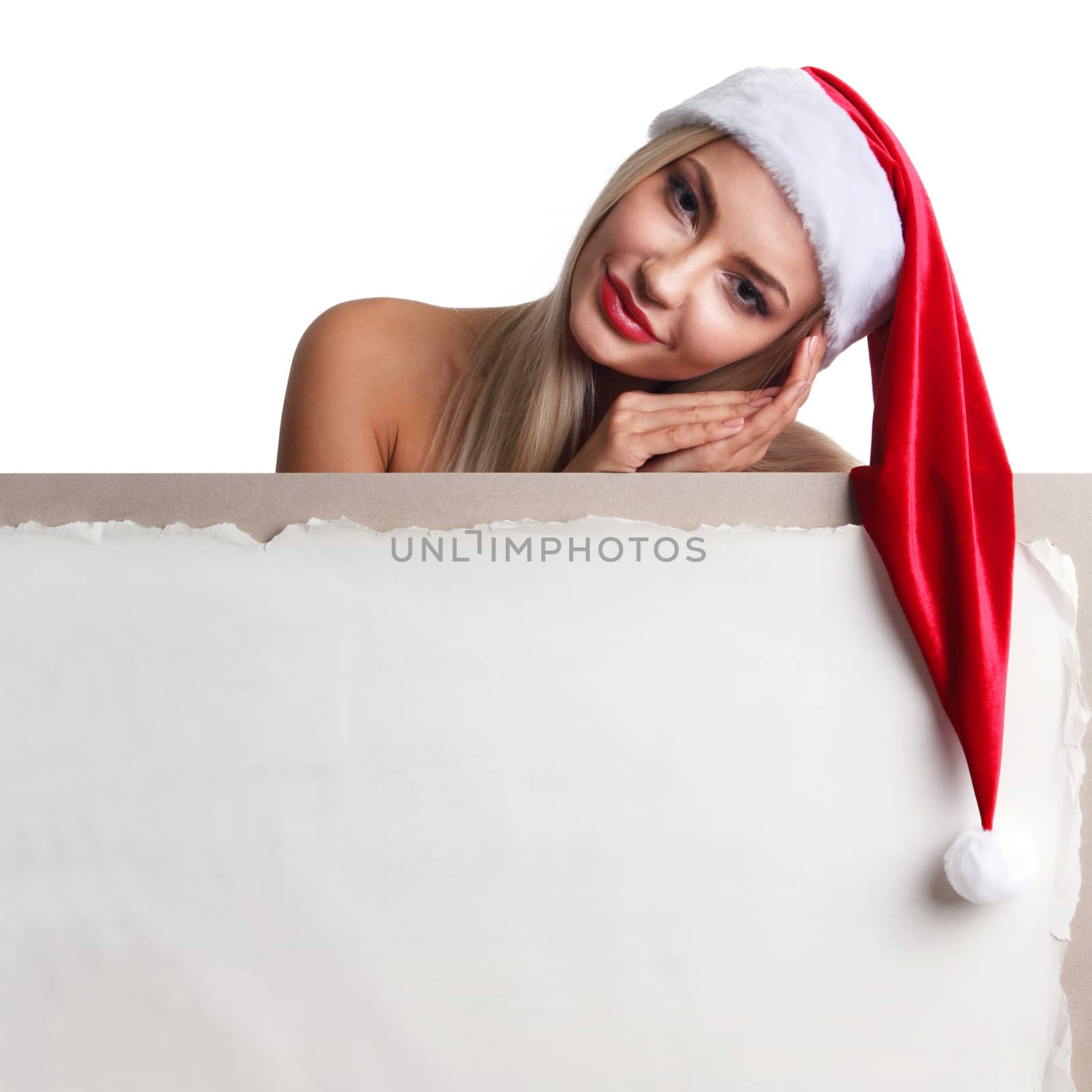 Santa girl holding blank vintage sign billboard. Christmas woman in Santa hat showing paper sign.