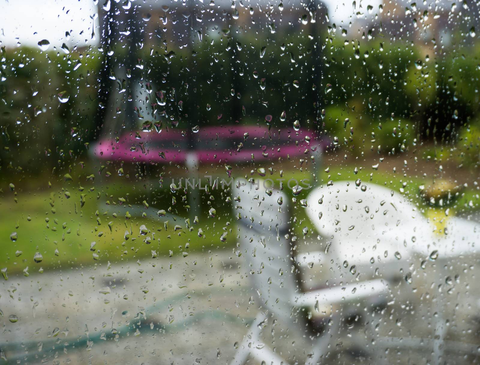 autumn season looking through the window on a rainy day blurry garden background and rain drops on the glass window by charlottebleijenberg