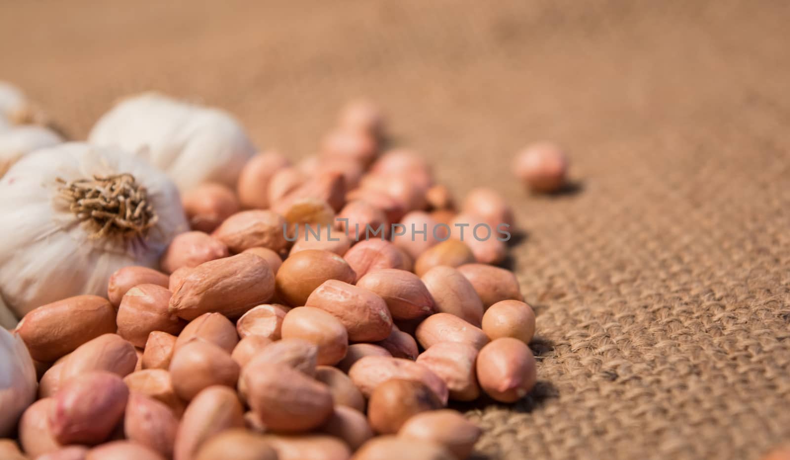 Group of Garlic and groun nuts on sackcloth for food.