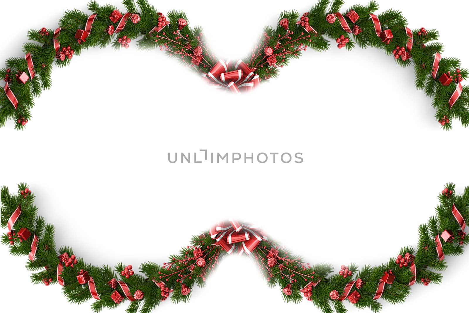 Christmas tree branches with red berry decoration on white background