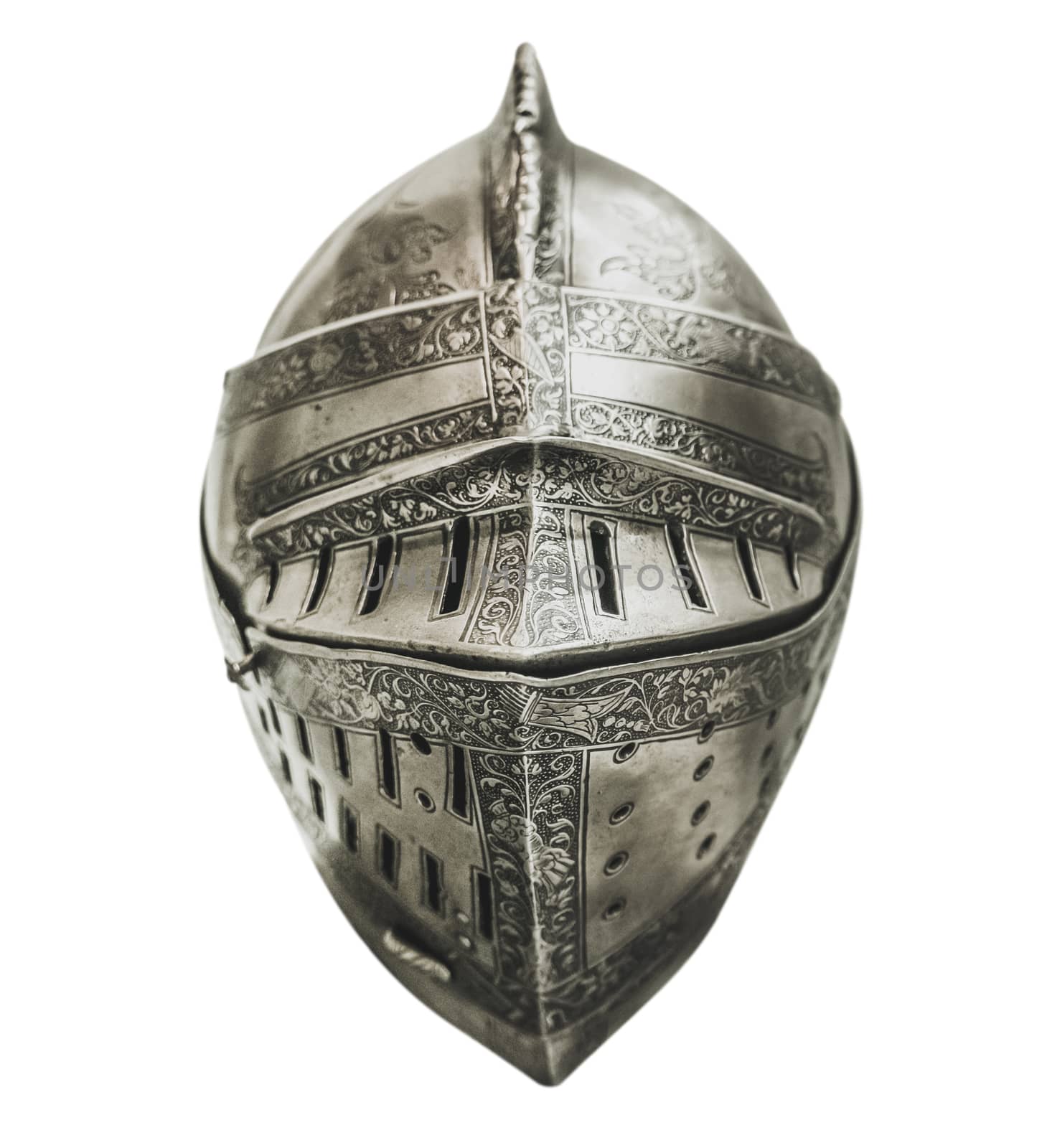 Isolated Authentic Knight's Armour Helmet With Shallow Depth of Focus And A White Background