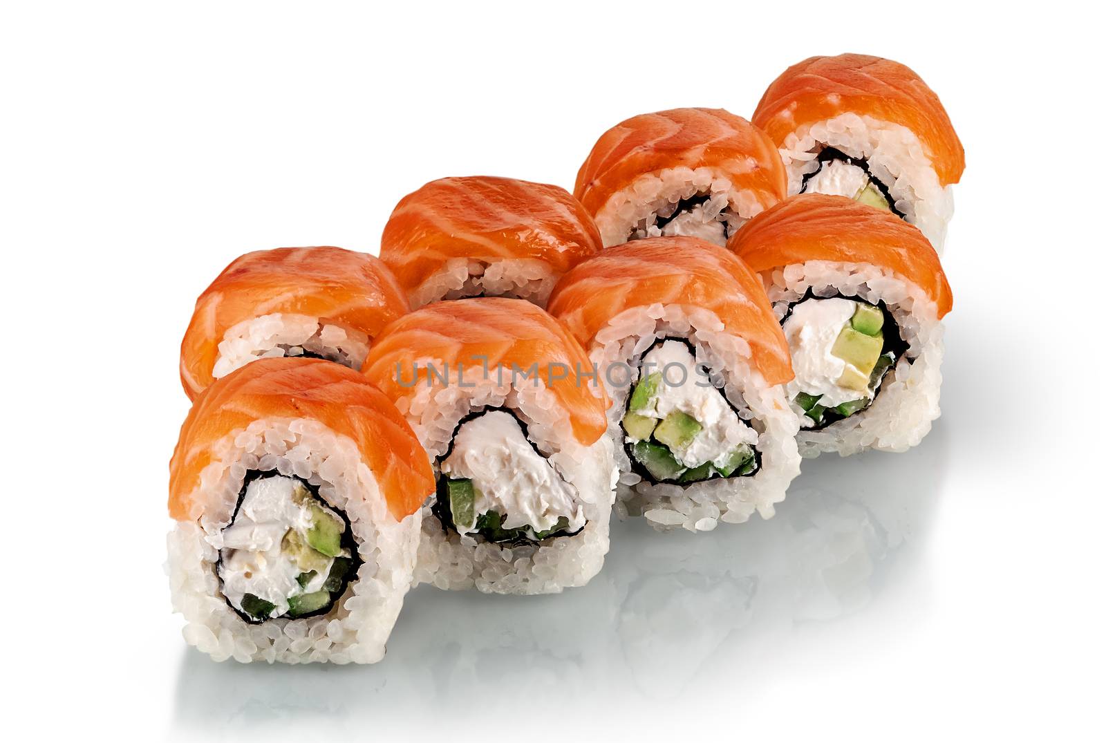 A few pieces of Philadelphia sushi rolls isolated on a white background. Reflection.