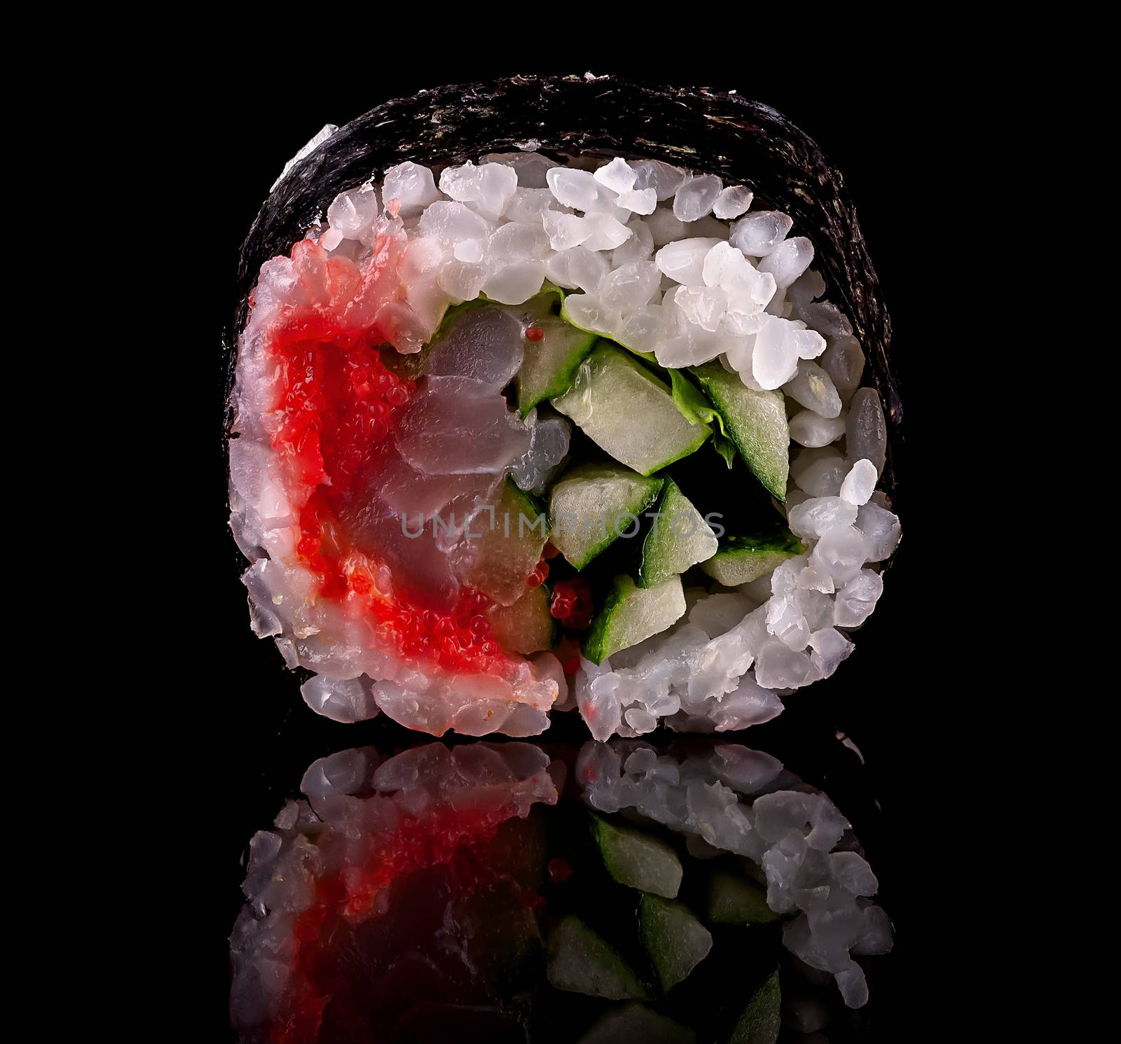 Single sushi roll Lollo Ross on a black background with reflection