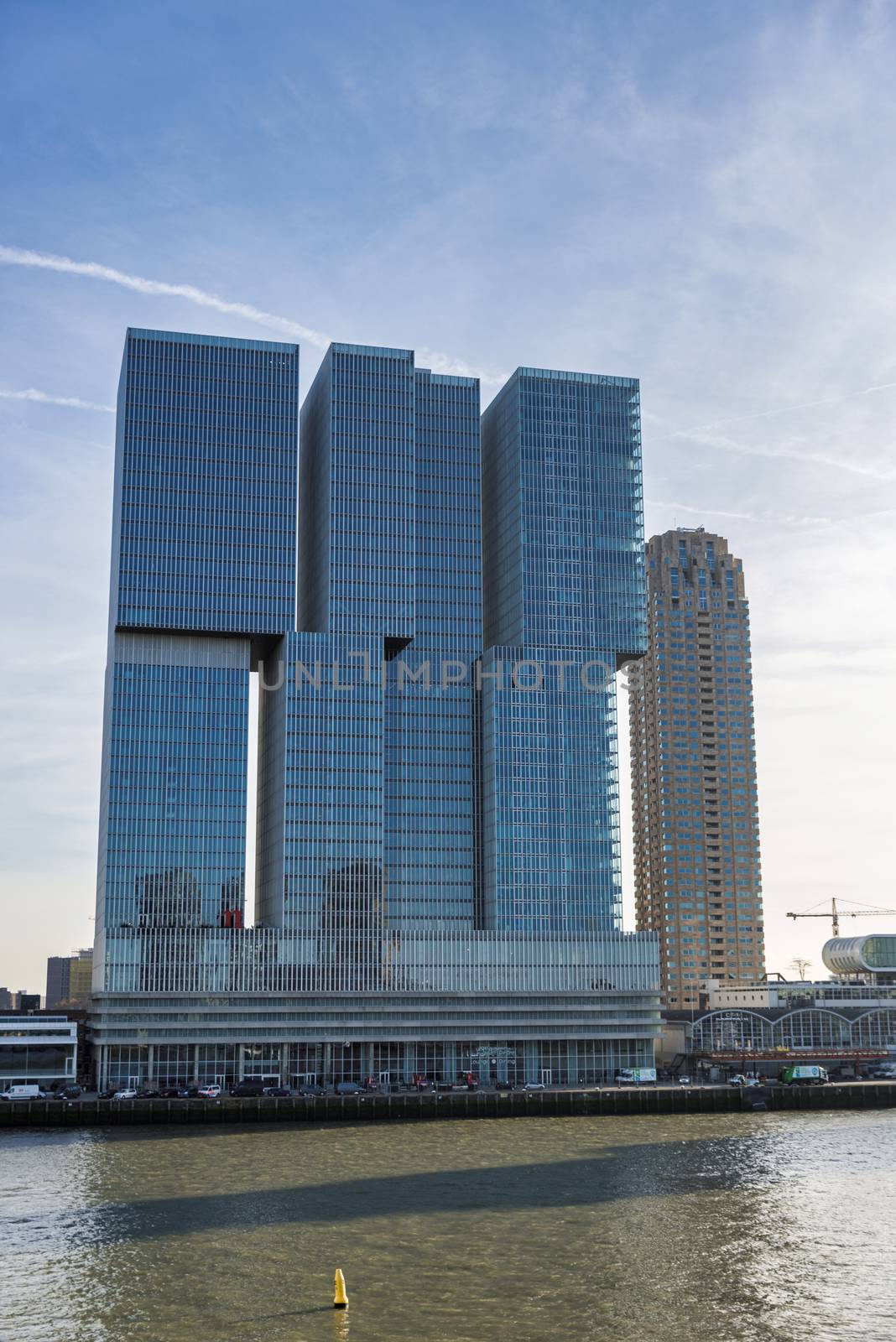 View over Maashaven towards De Rotterdam and KPN Tower buildings, Rotterdam, South Holland, The Netherlands